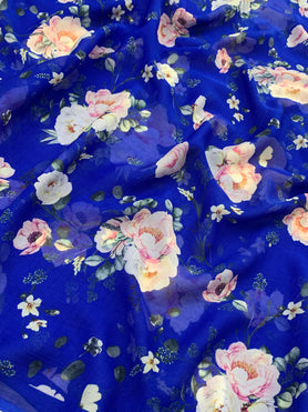 Chiffon Floral Print Saree Ink-Blue In Colour
