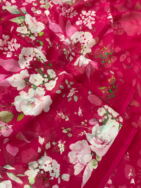 Chiffon Floral Print Saree Dark-Pink In Colour