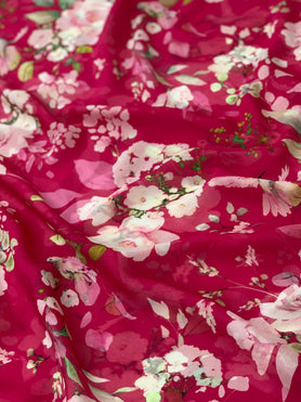 Chiffon Floral Print Saree Dark-Pink In Colour