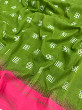Ikat Cotton Saree Green In Colour