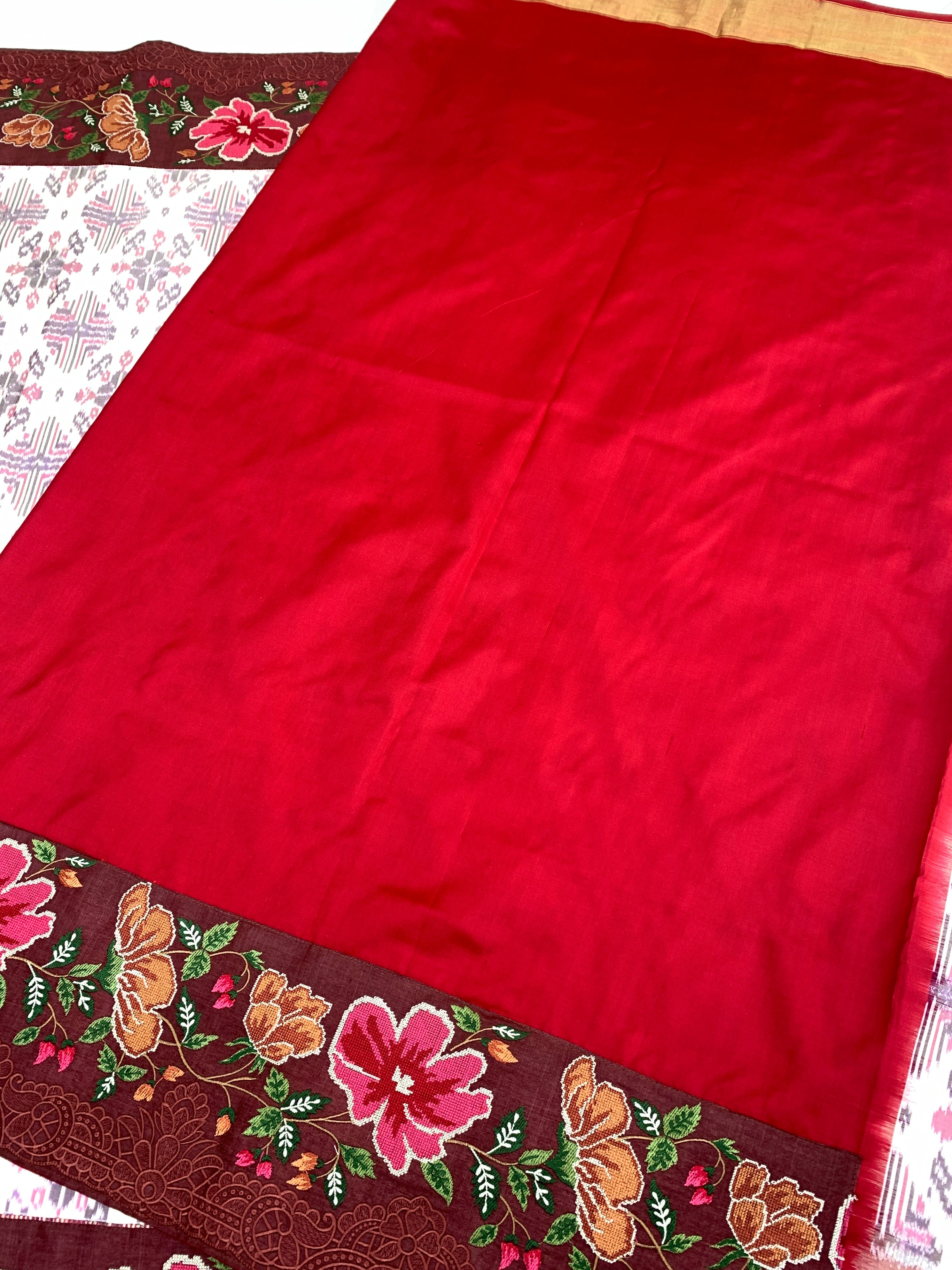 The Heritage Fusion: Cream & Ruby Patola Saree with Floral Embroidered Borders
