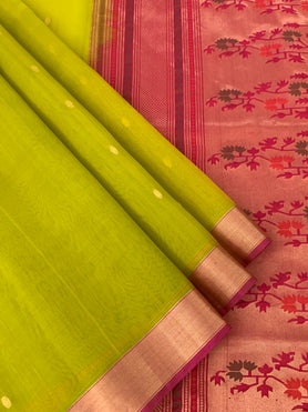 Kora Silk Saree Parrot-Green In Colour