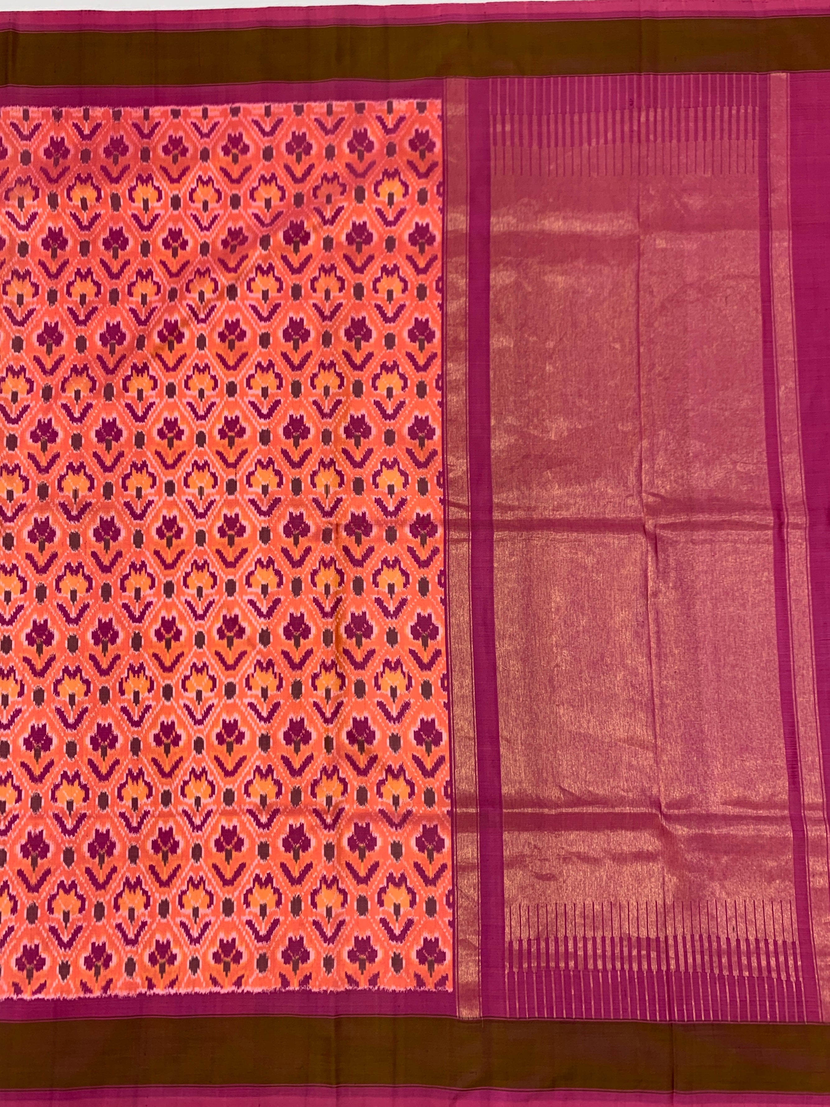 Handwoven Ikat Silk Saree in Peaches & Magenta