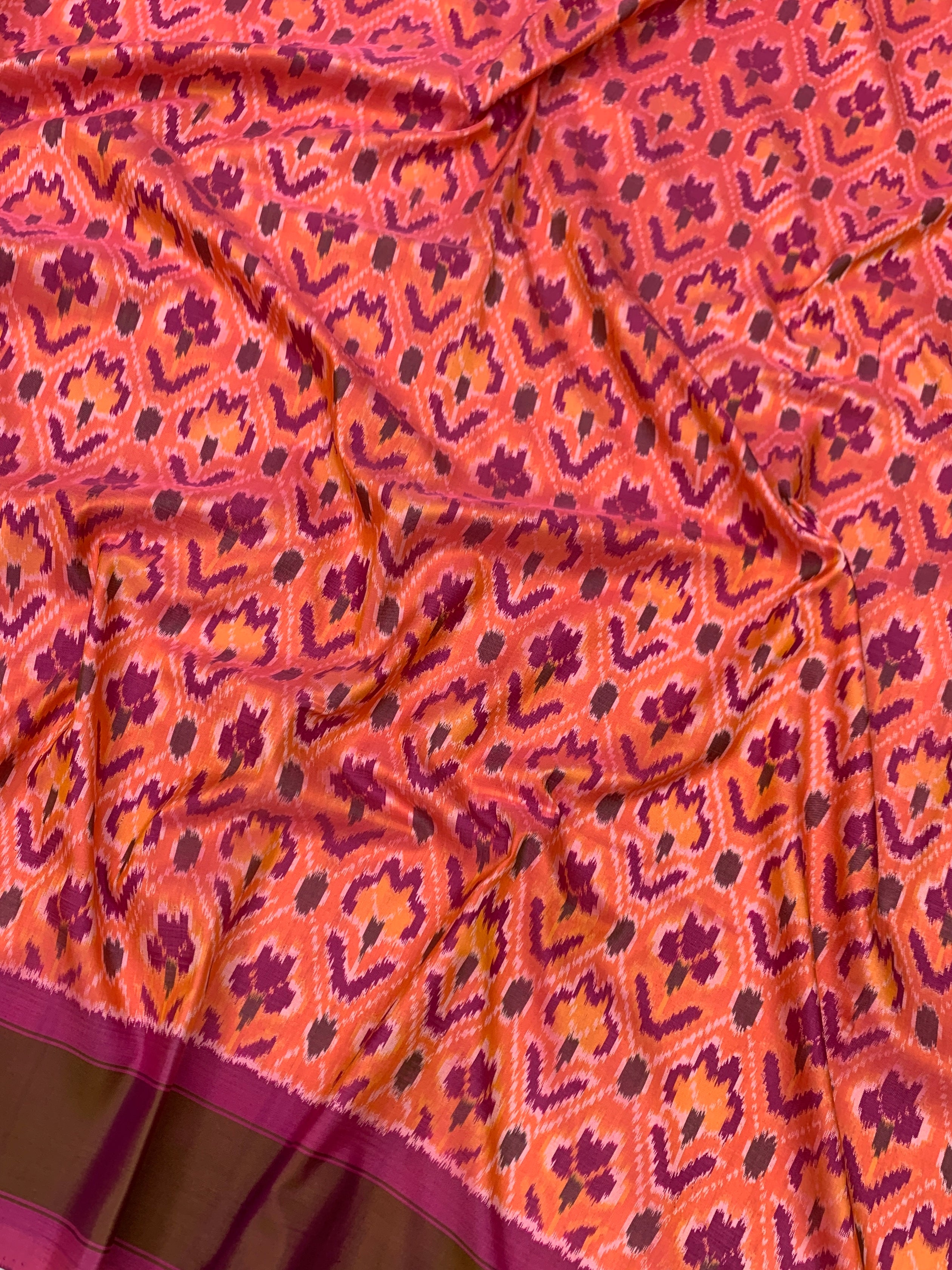 Handwoven Ikat Silk Saree in Peaches & Magenta