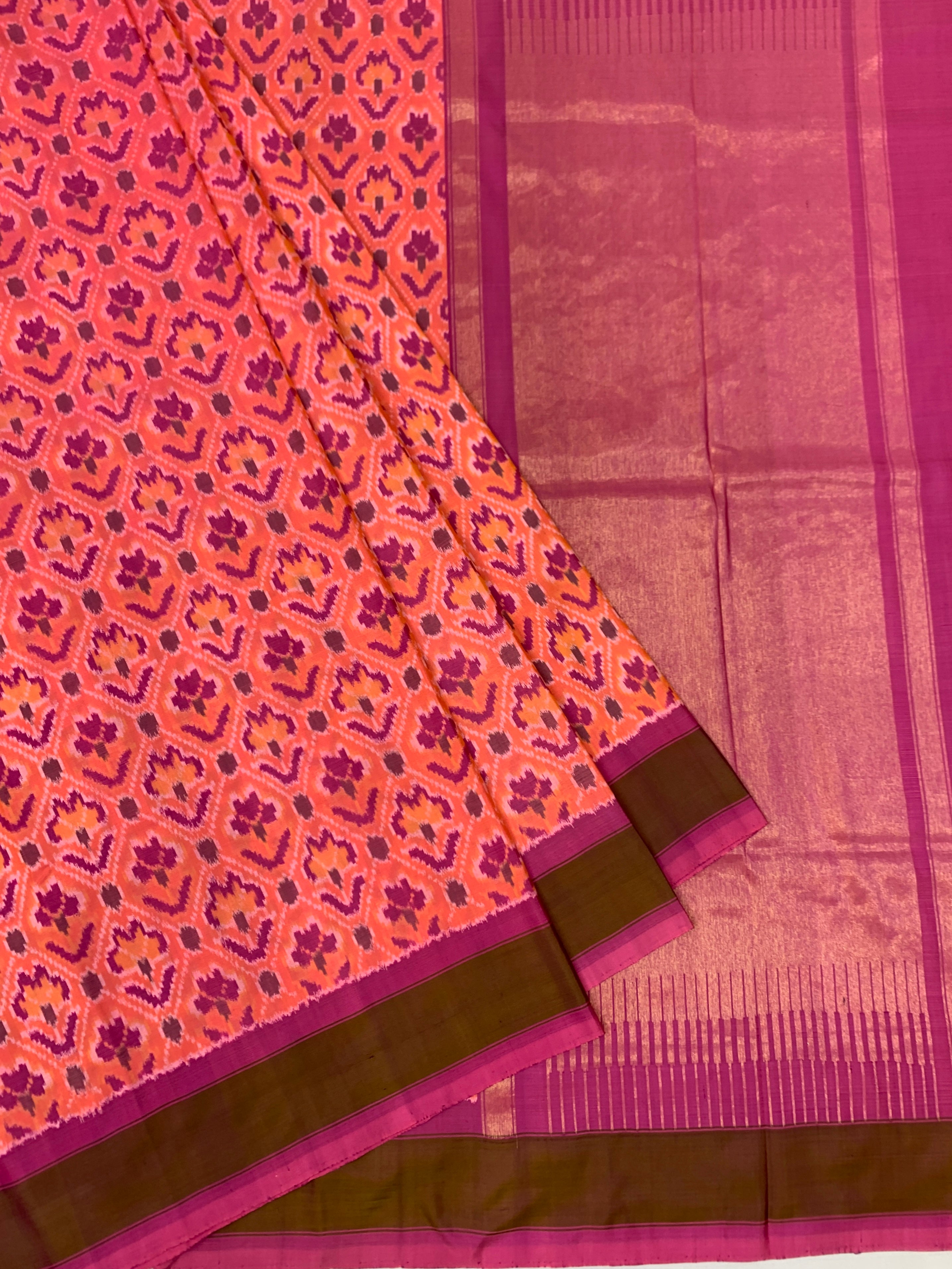 Handwoven Ikat Silk Saree in Peaches & Magenta