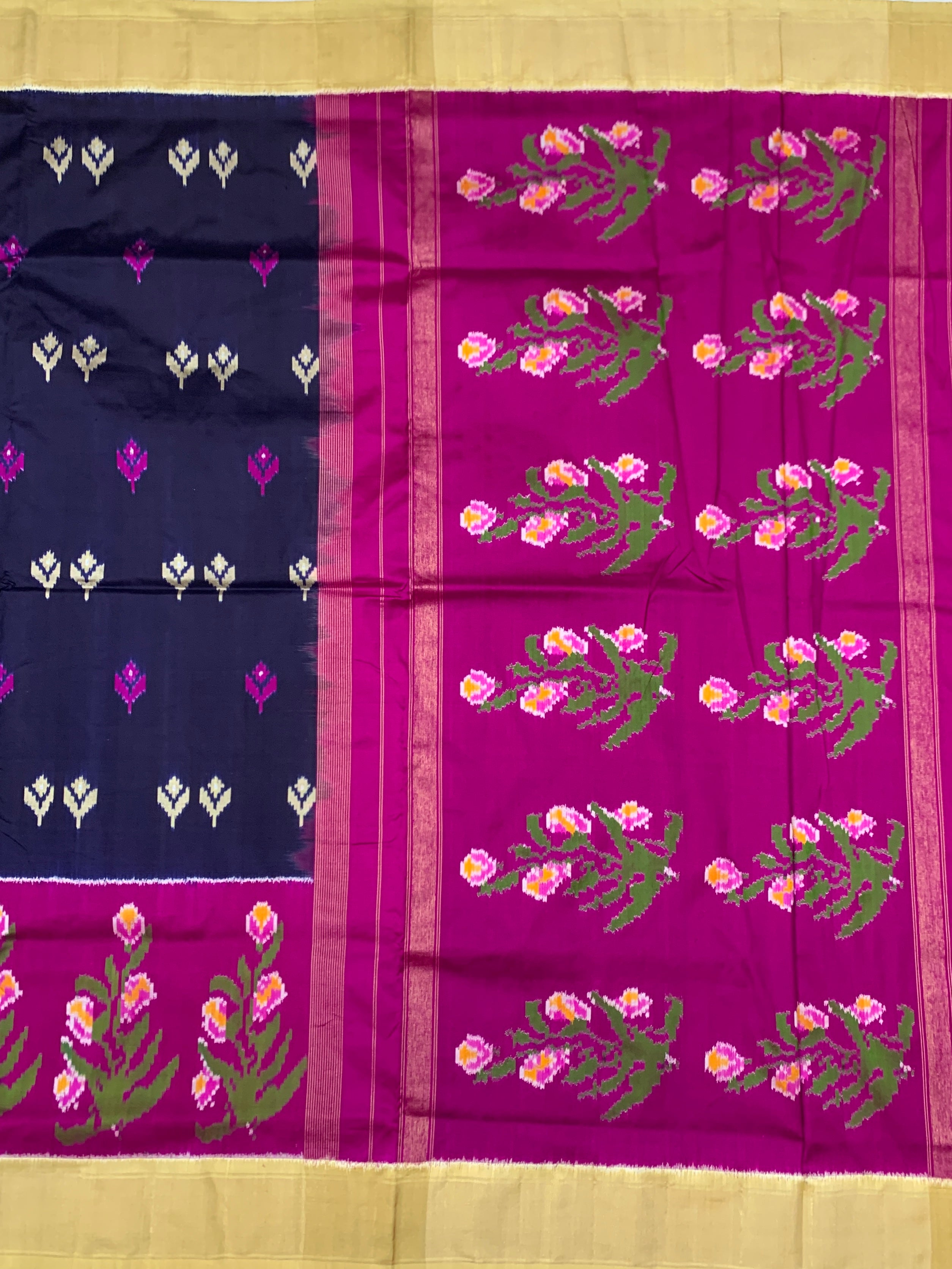 Handcrafted Ikat Silk Navy-Blue Saree.