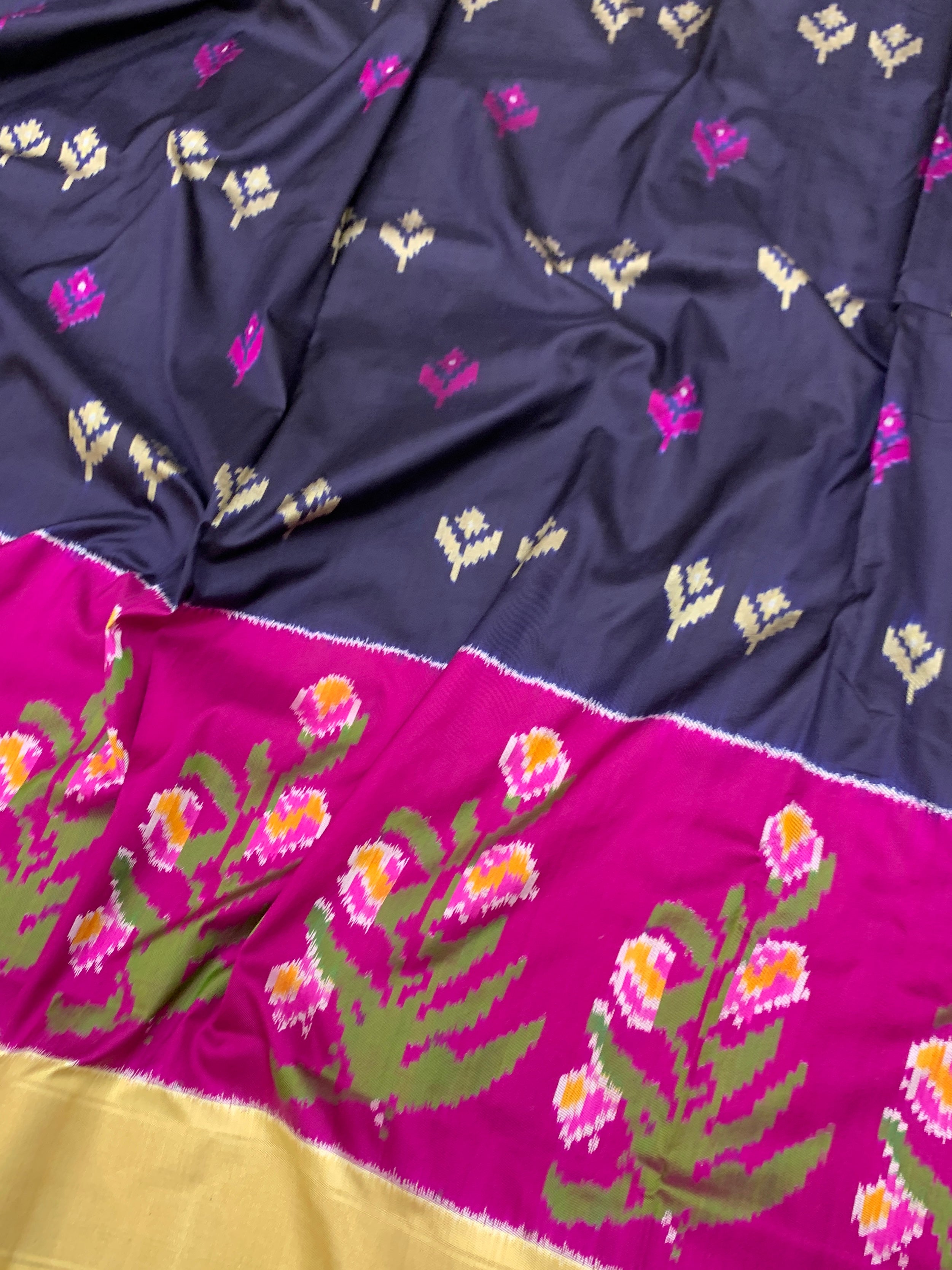 Handcrafted Ikat Silk Navy-Blue Saree.