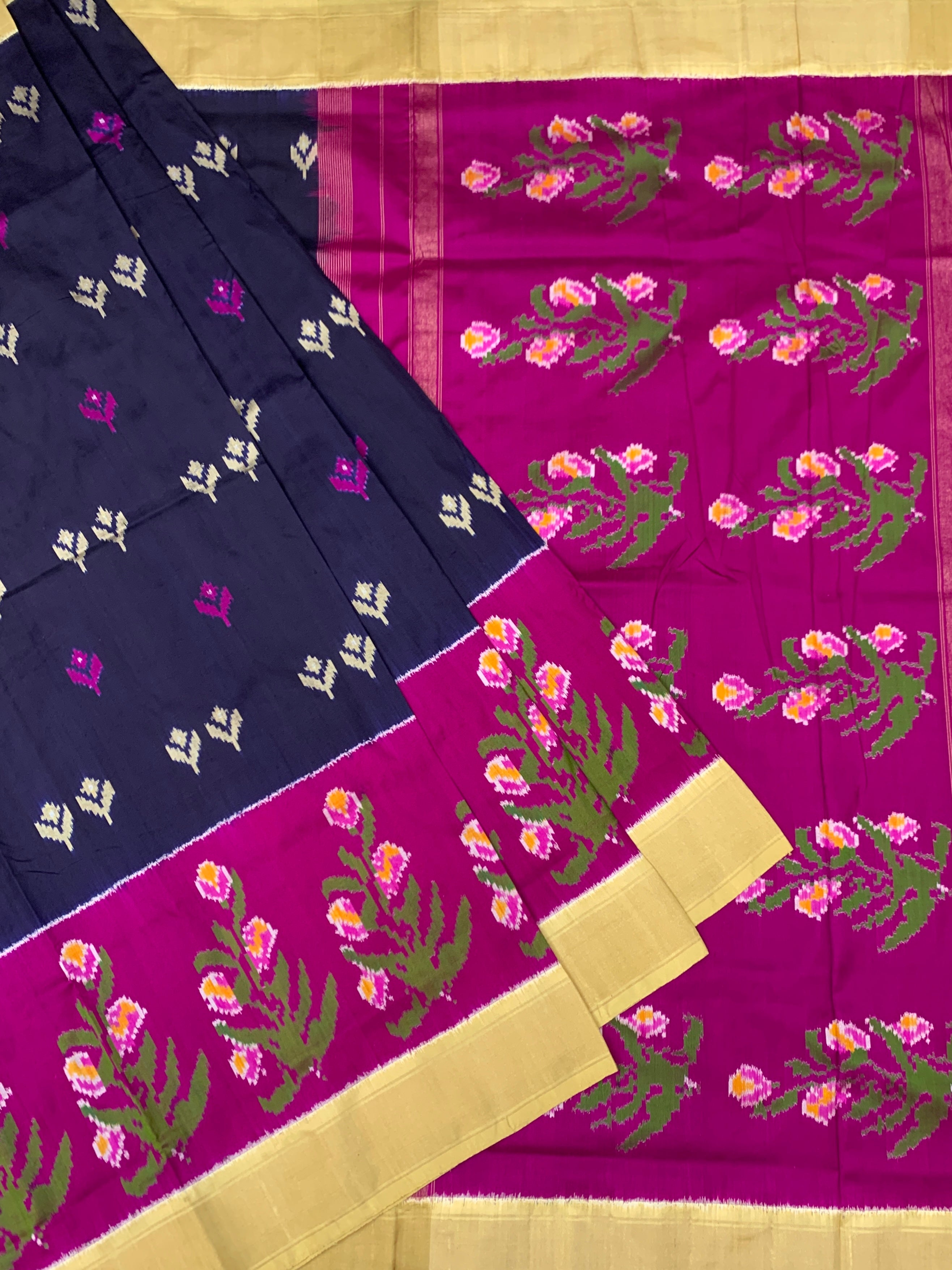 Handcrafted Ikat Silk Navy-Blue Saree.