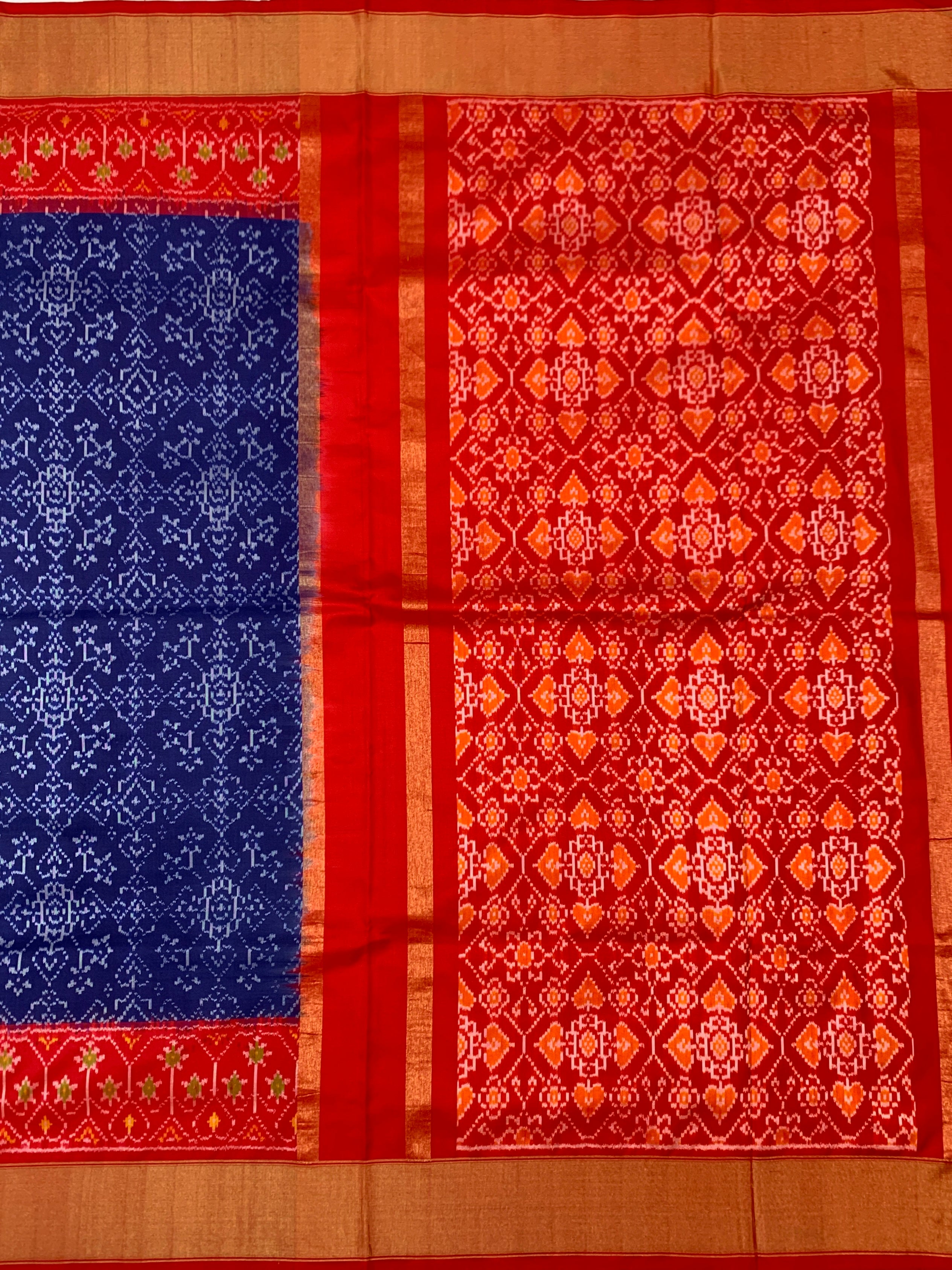 Exquisite Royal Blue & Crimson Red Handloom Ikat Silk Saree
