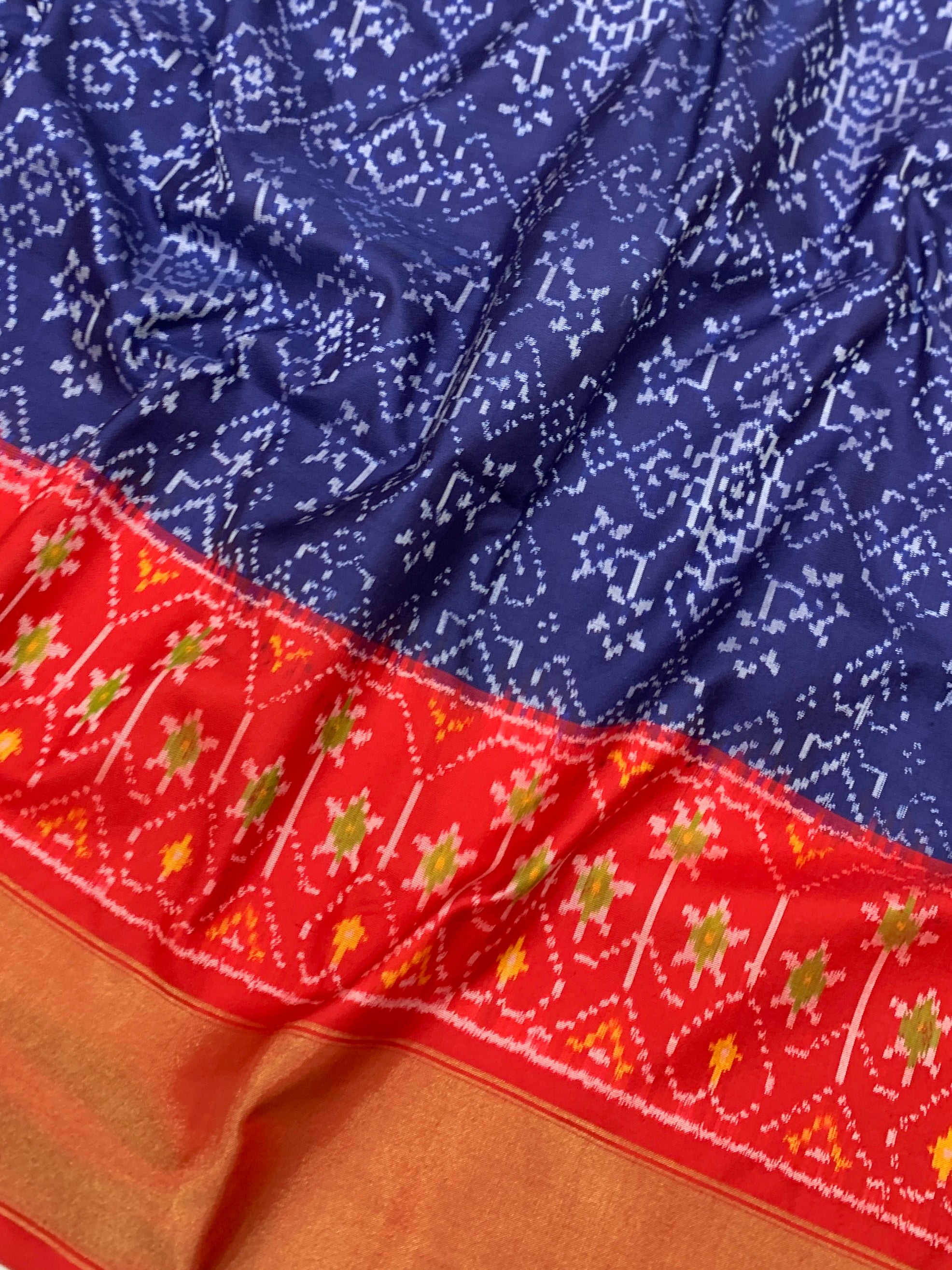 Exquisite Royal Blue & Crimson Red Handloom Ikat Silk Saree