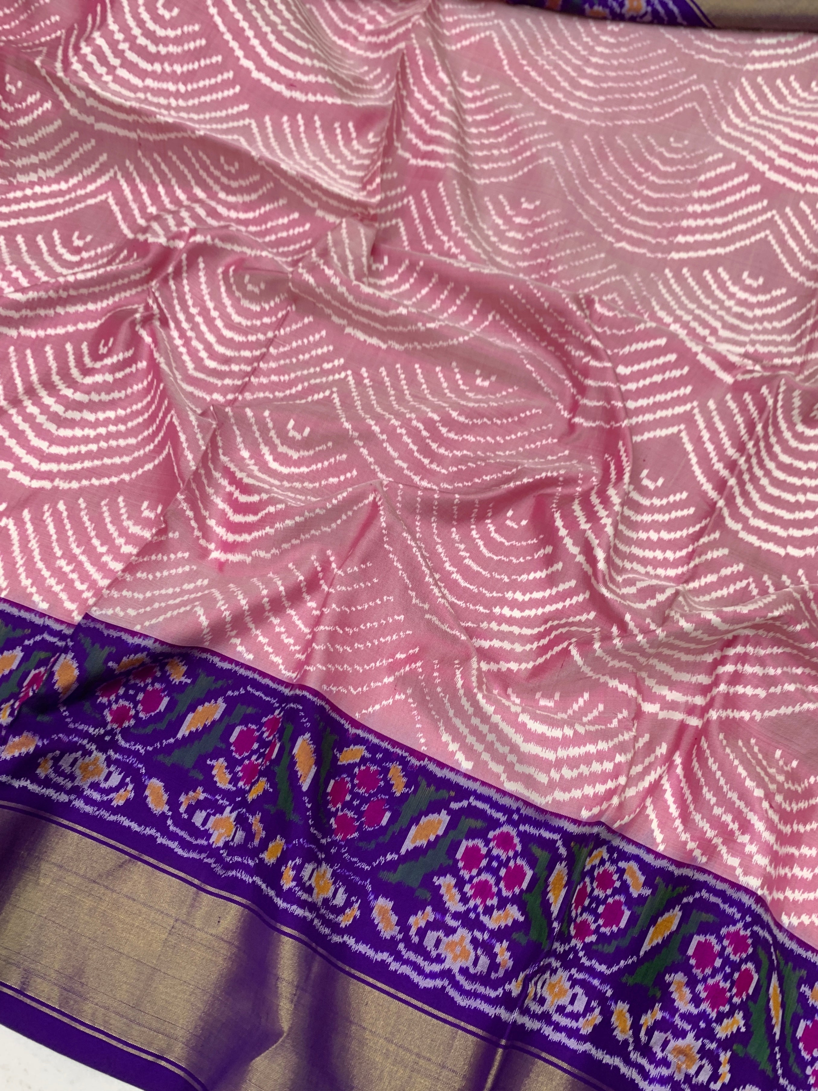Exquisite Baby Pink & Royal Purple Ikat Silk Saree