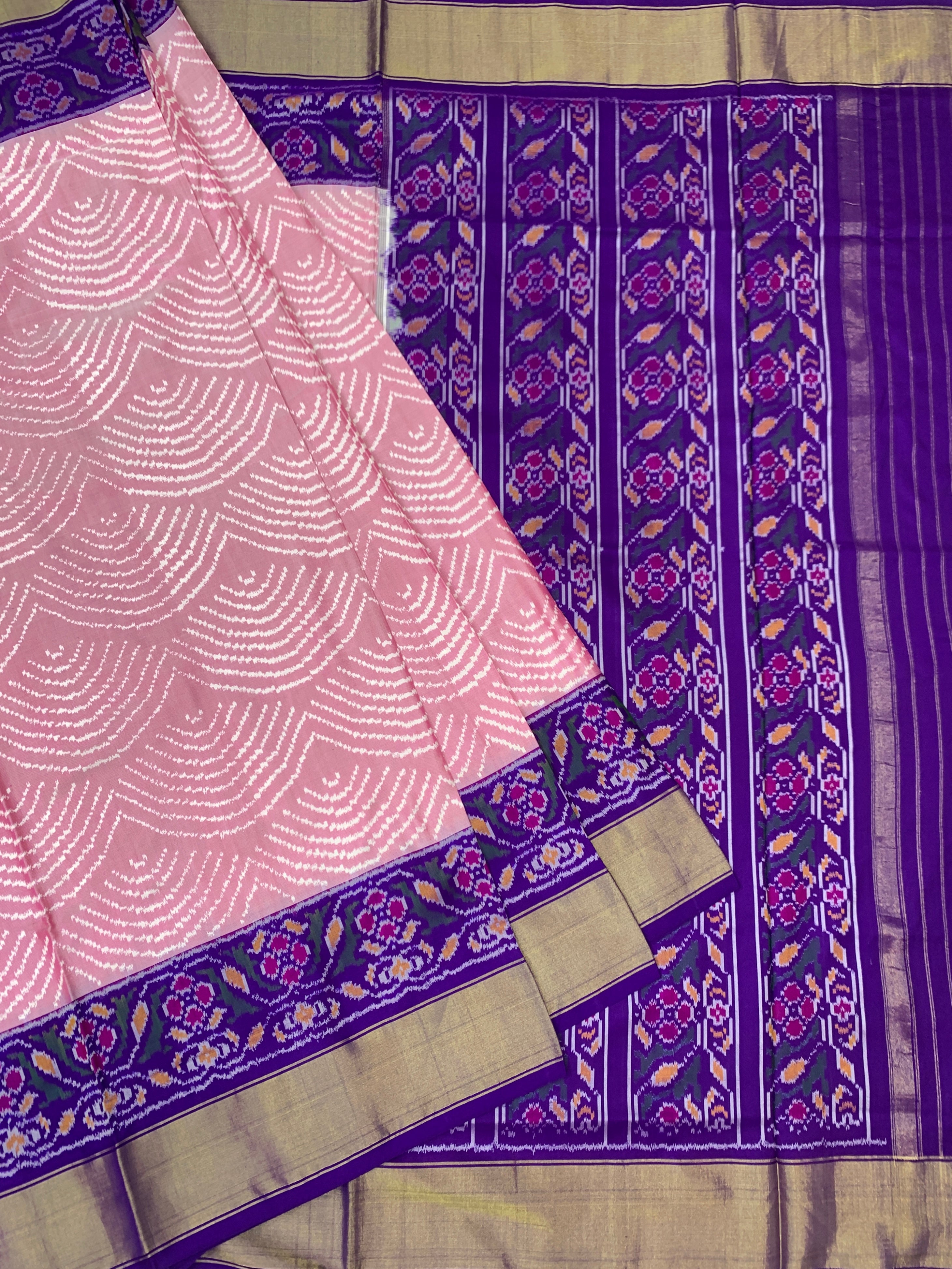 Exquisite Baby Pink & Royal Purple Ikat Silk Saree