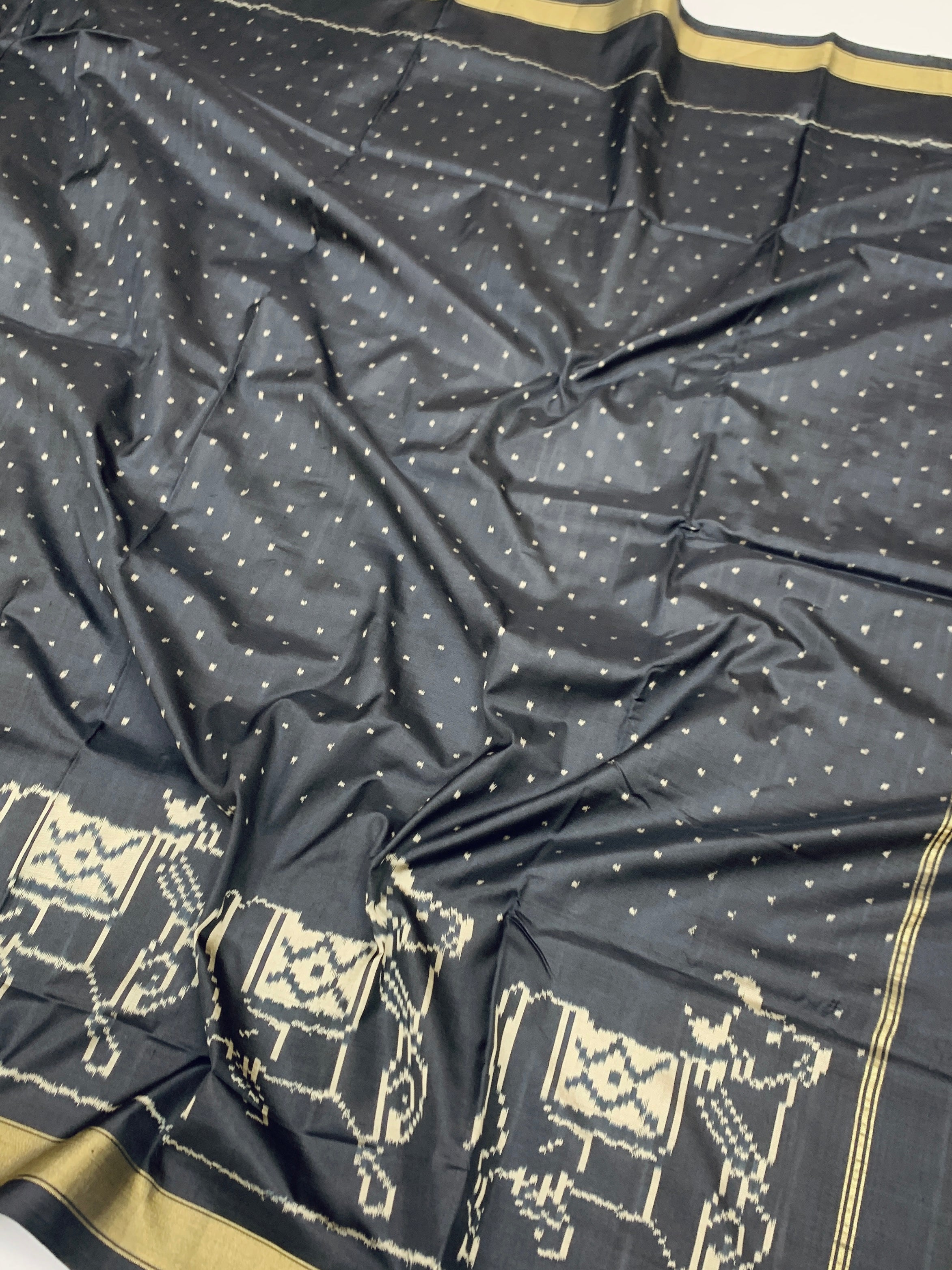 Exquisite Midnight Black Handloom Ikat Silk Saree