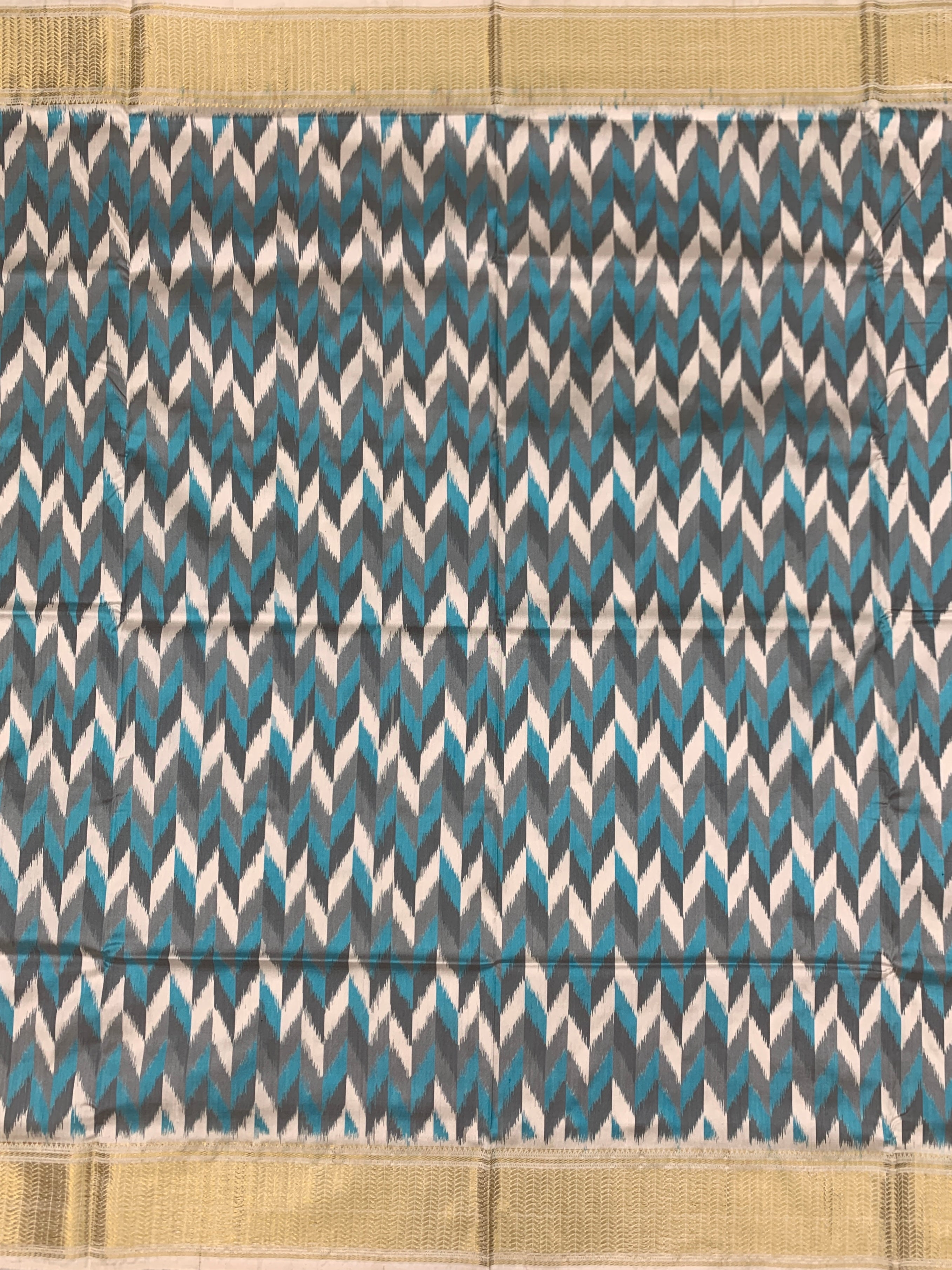Handcrafted Ikat Silk Saree in Steel Grey and Cerulean Blue