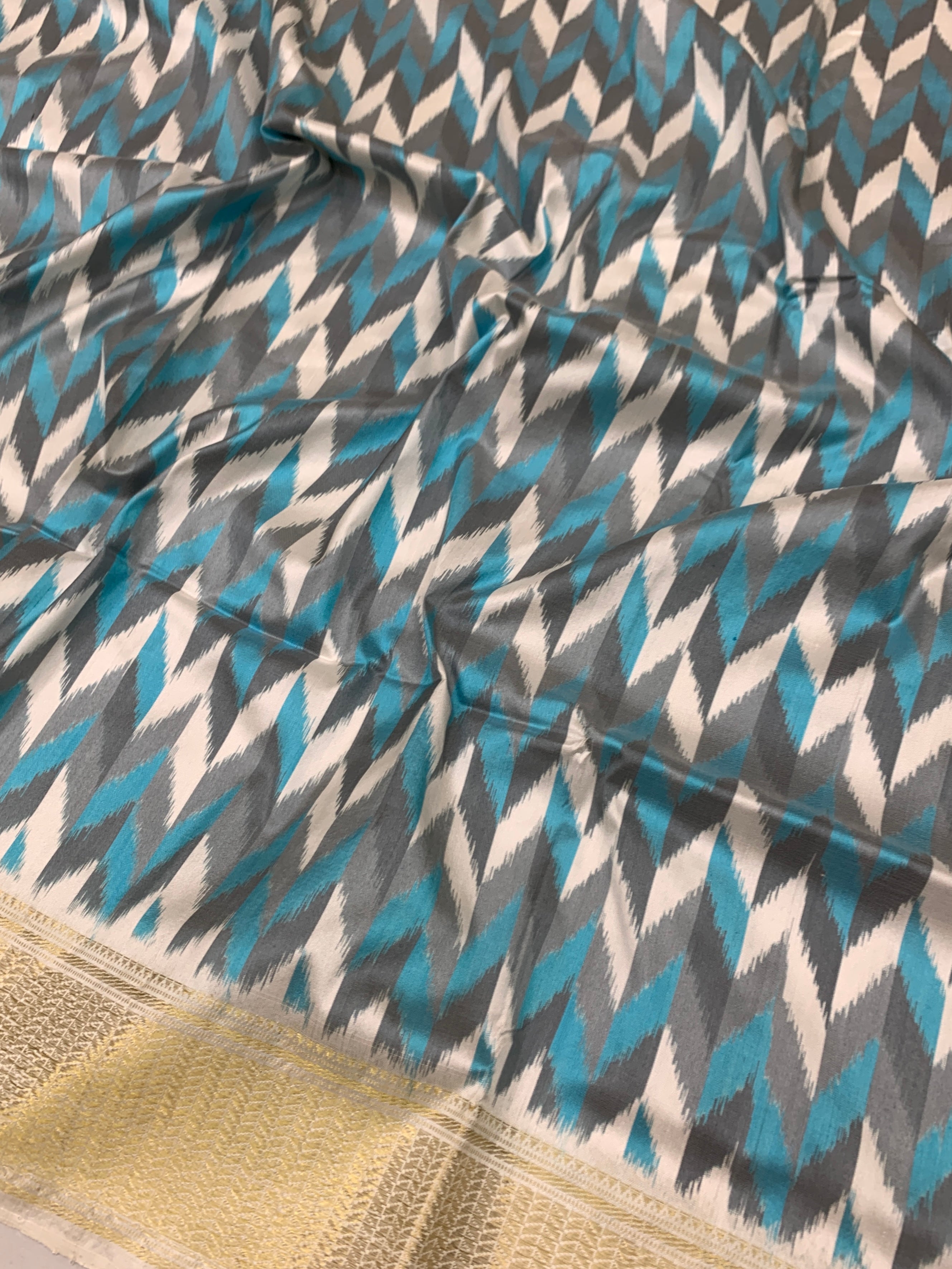 Handcrafted Ikat Silk Saree in Steel Grey and Cerulean Blue