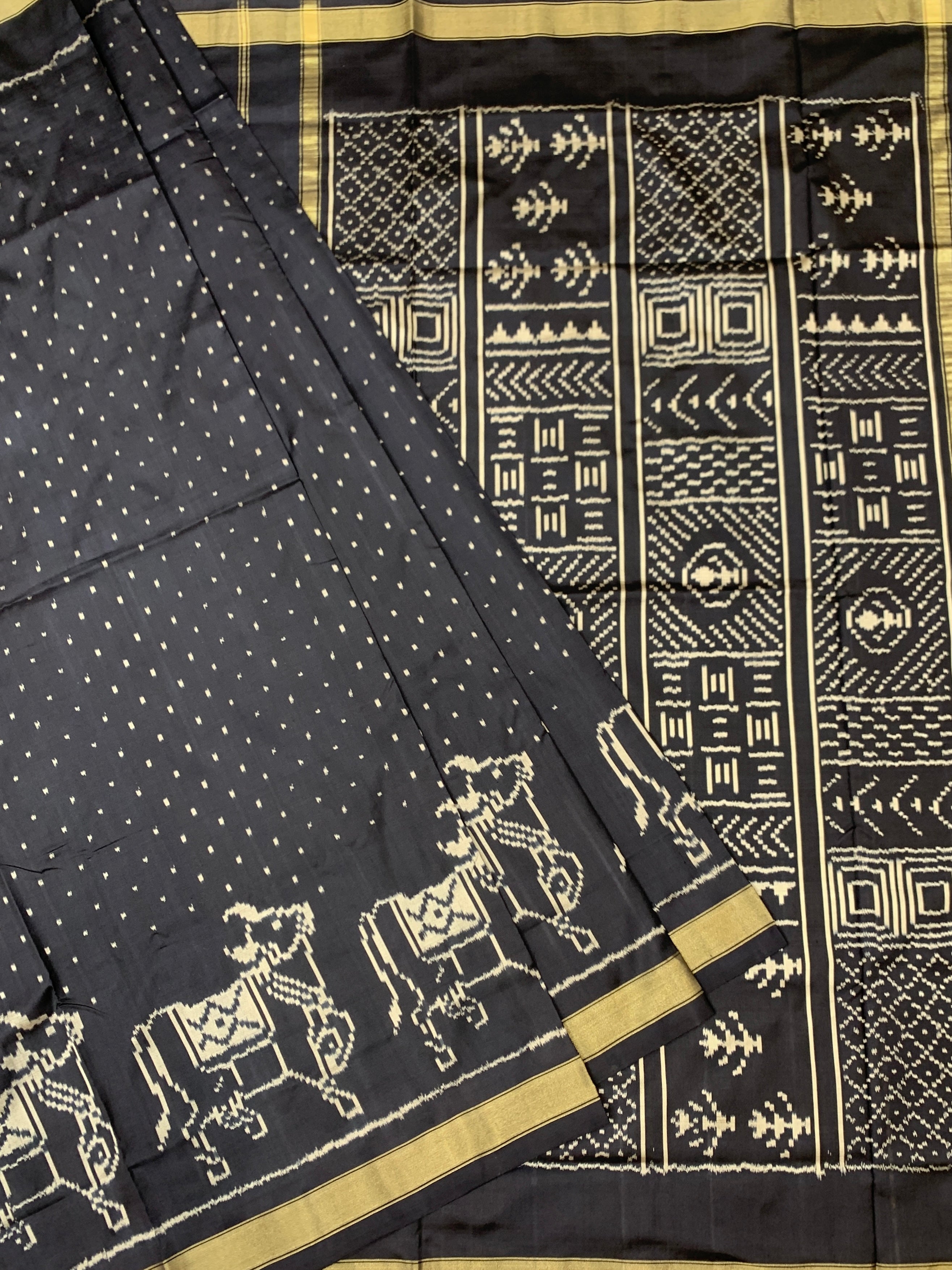 Exquisite Midnight Black Handloom Ikat Silk Saree
