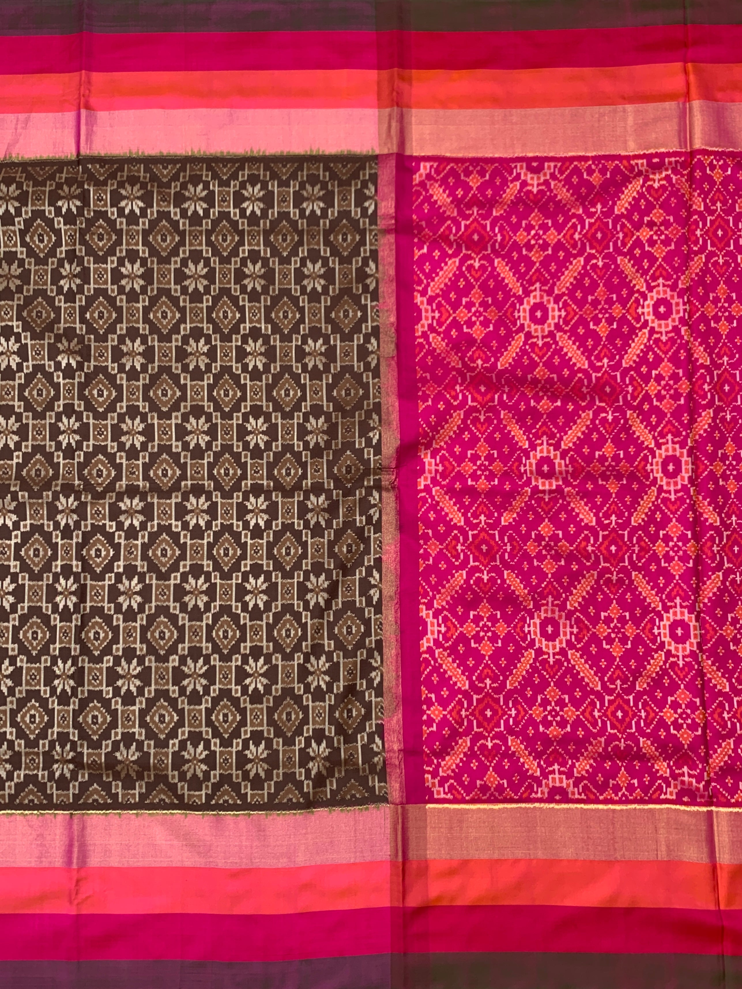 Exquisite Coffee Brown & Magenta Ikat Silk Saree