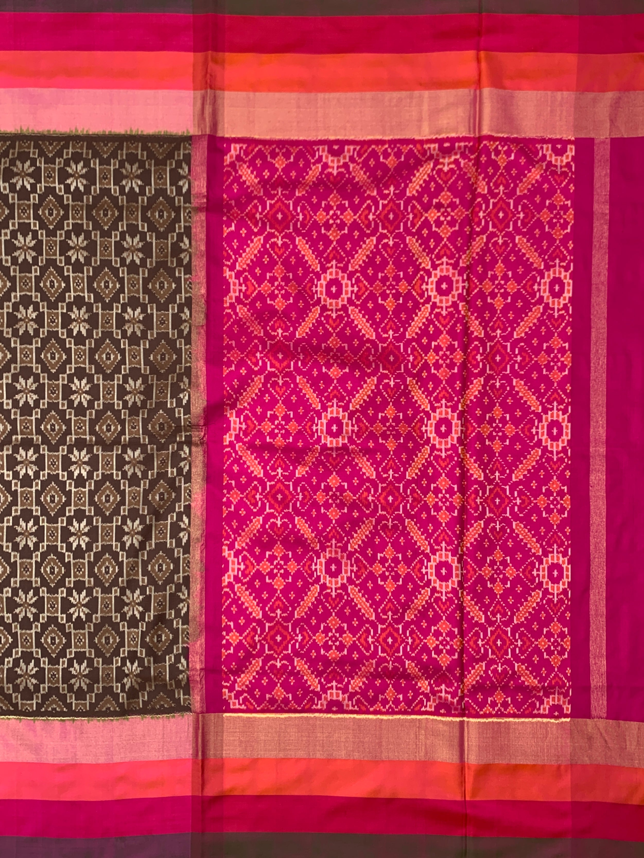 Exquisite Coffee Brown & Magenta Ikat Silk Saree