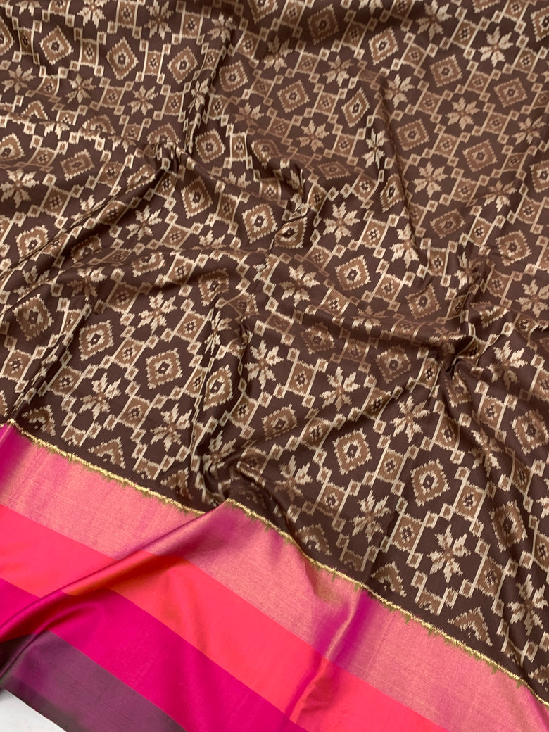 Exquisite Coffee Brown & Magenta Ikat Silk Saree