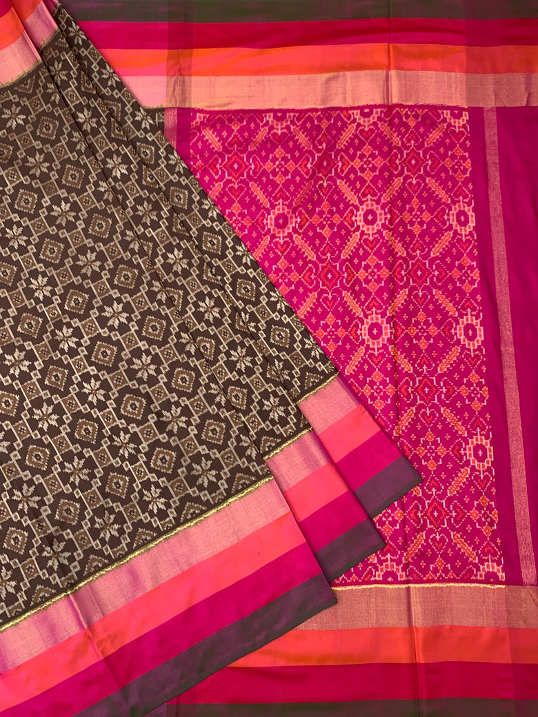 Exquisite Coffee Brown & Magenta Ikat Silk Saree