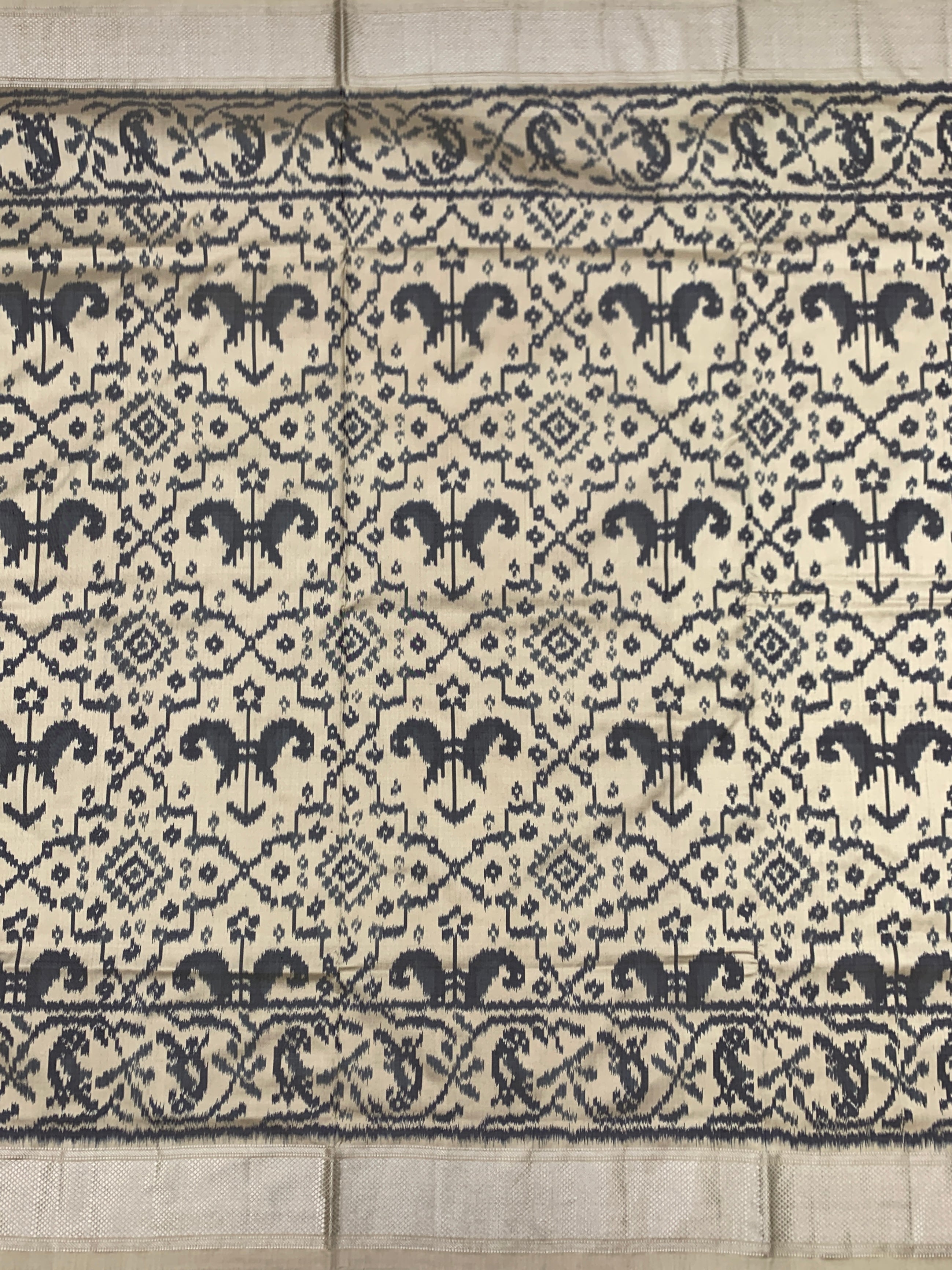 Exquisite Cream & Charcoal Handloom Ikat Silk Saree