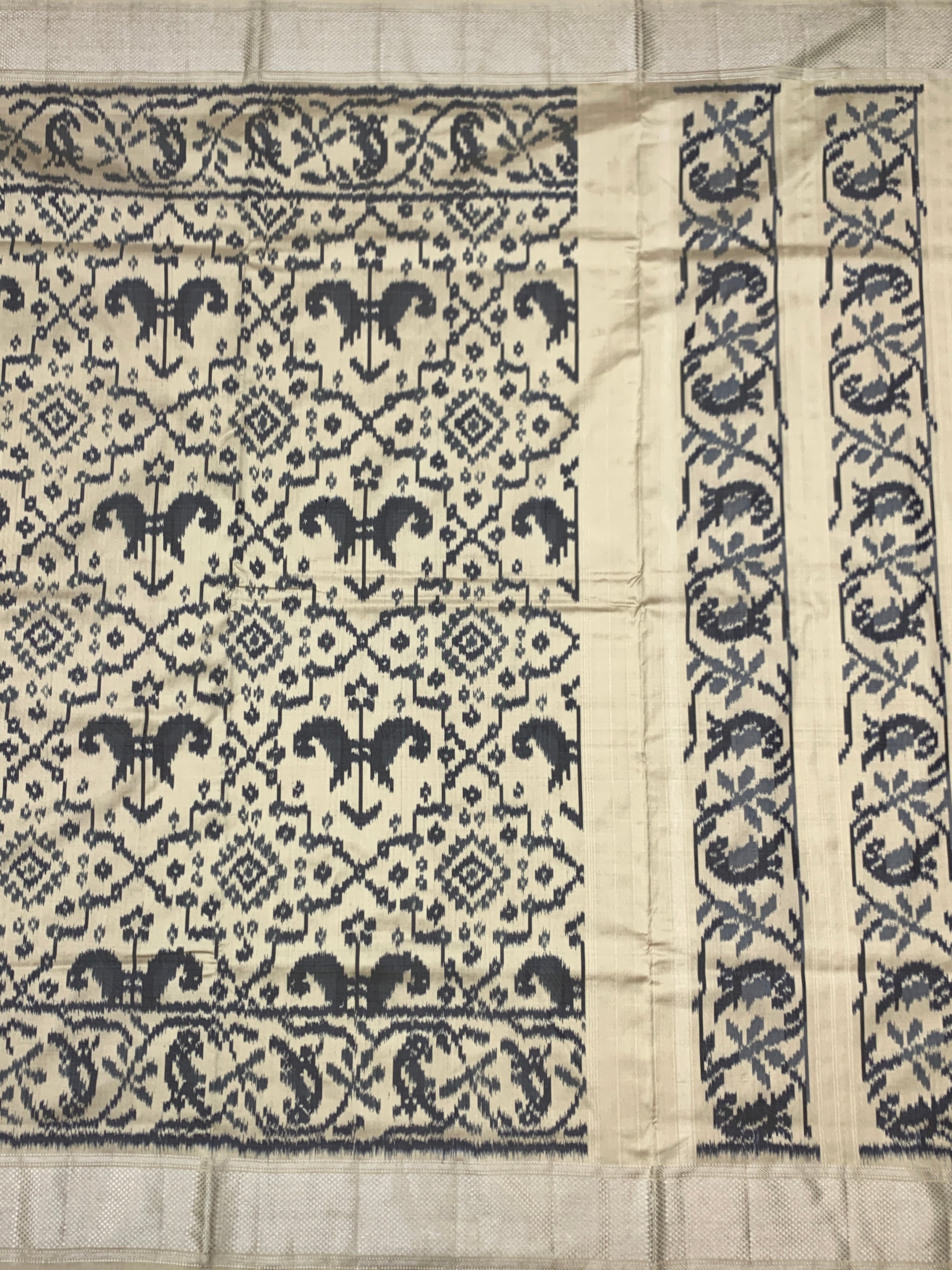 Exquisite Cream & Charcoal Handloom Ikat Silk Saree