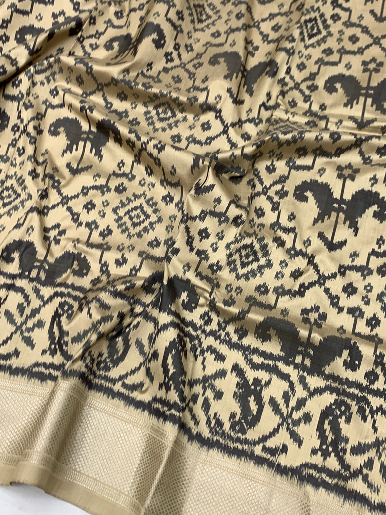 Exquisite Cream & Charcoal Handloom Ikat Silk Saree