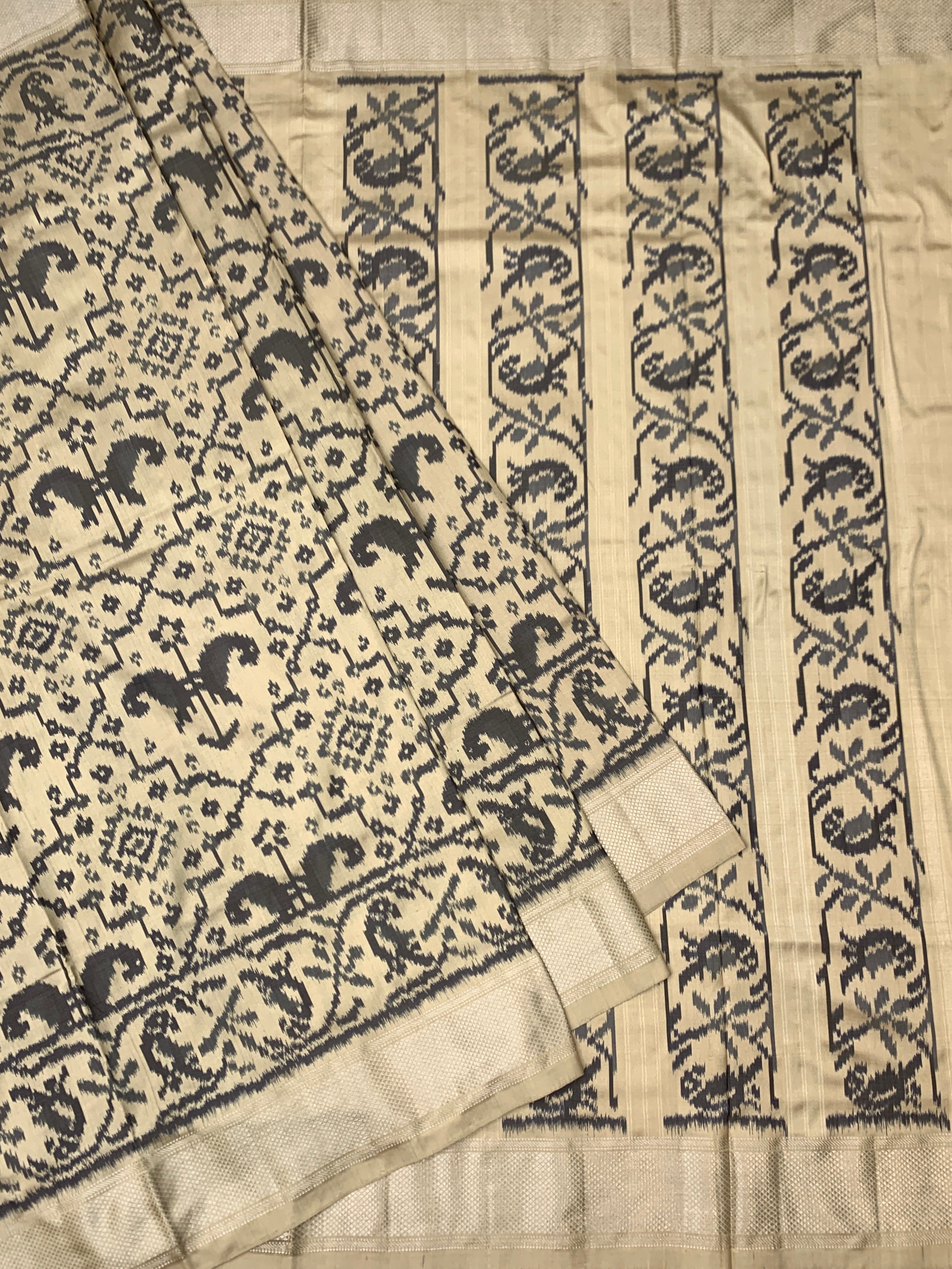 Exquisite Cream & Charcoal Handloom Ikat Silk Saree