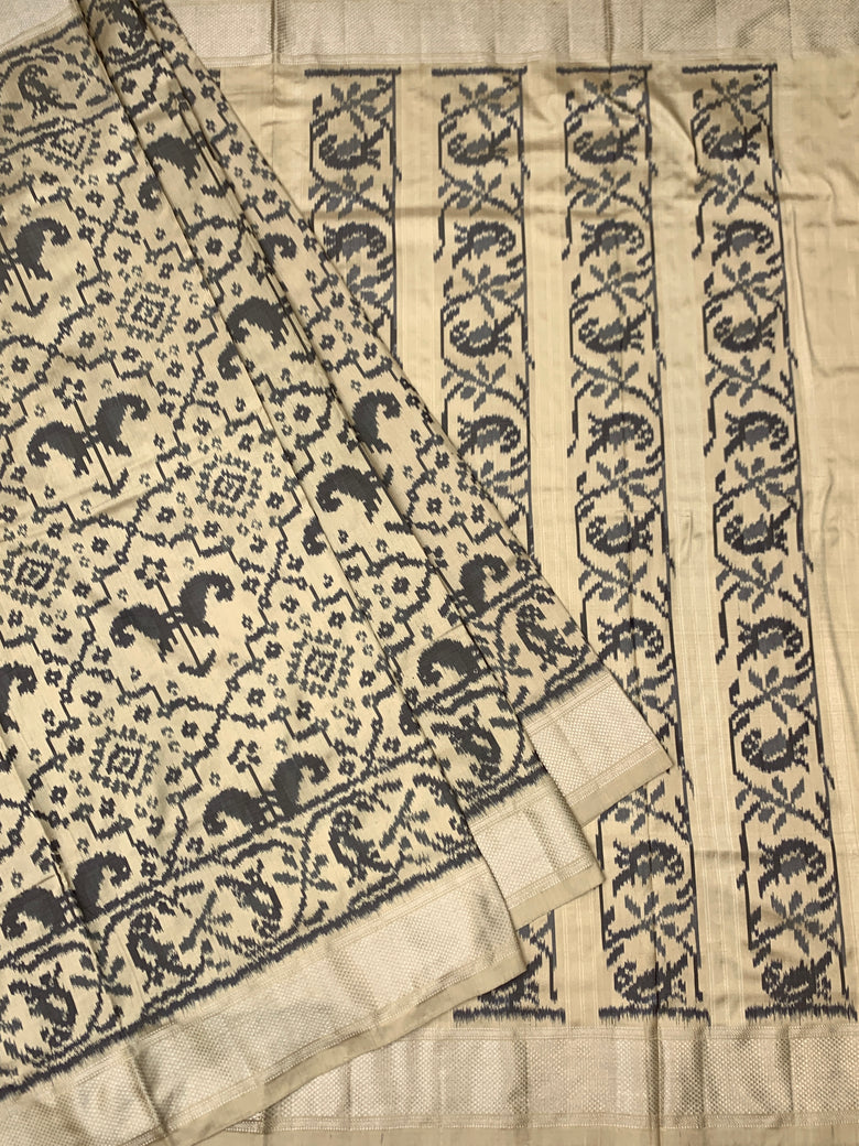 Exquisite Cream & Charcoal Handloom Ikat Silk Saree
