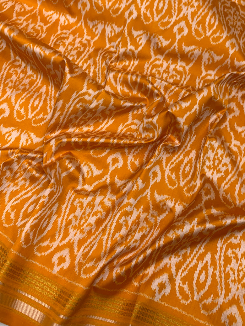 Mustard Yellow Handloom Ikat Silk Saree with Geometric Blouse