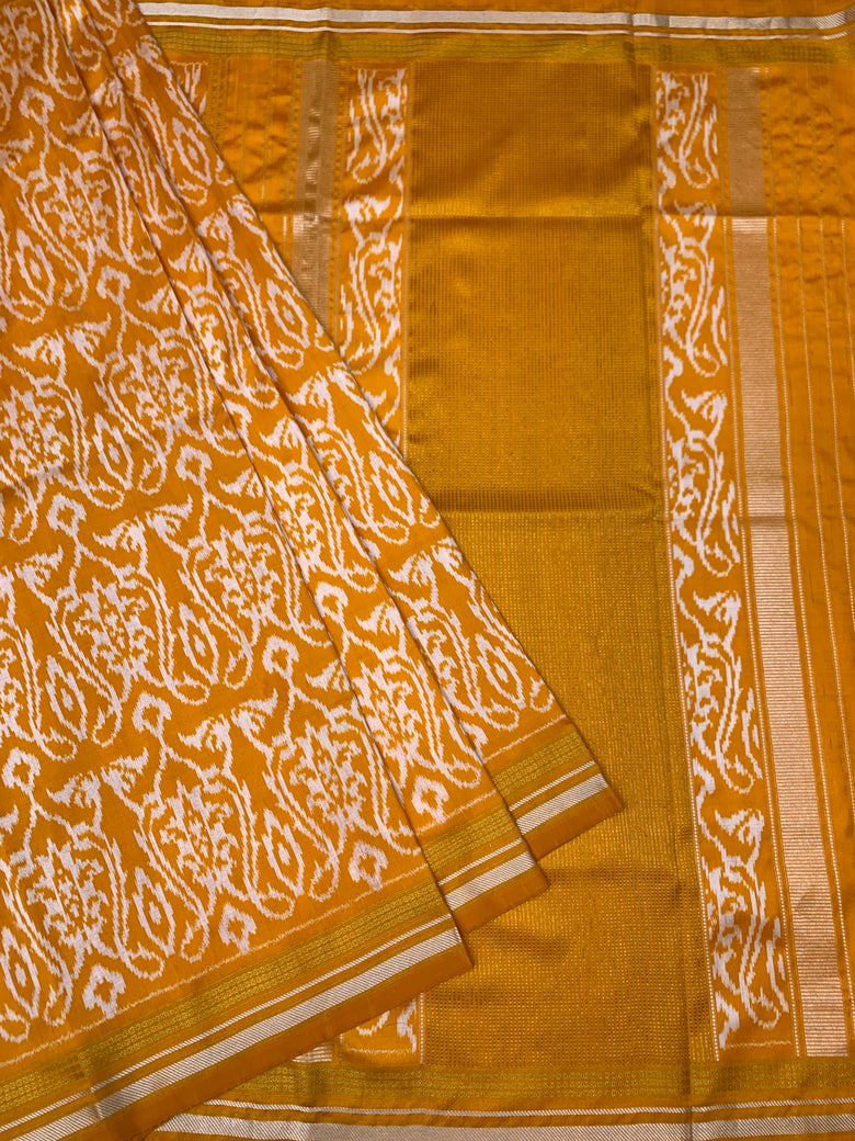 Mustard Yellow Handloom Ikat Silk Saree with Geometric Blouse
