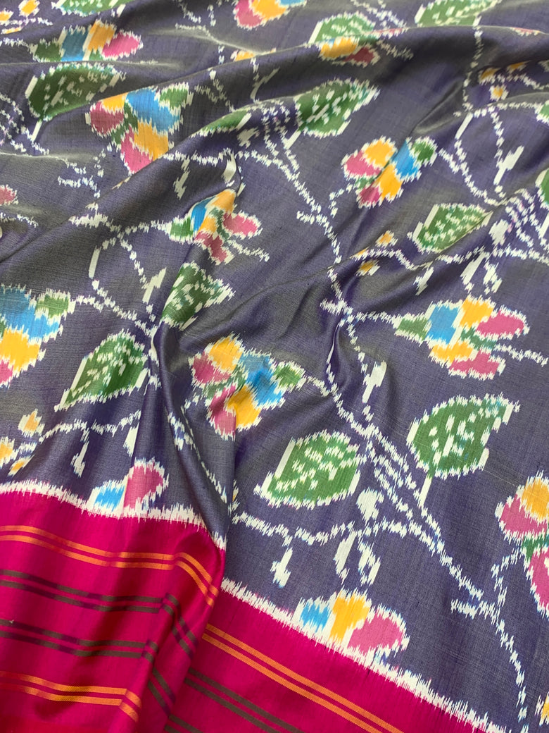 Exquisite Slate Grey & Rani Pink Handloom Ikat Silk Saree