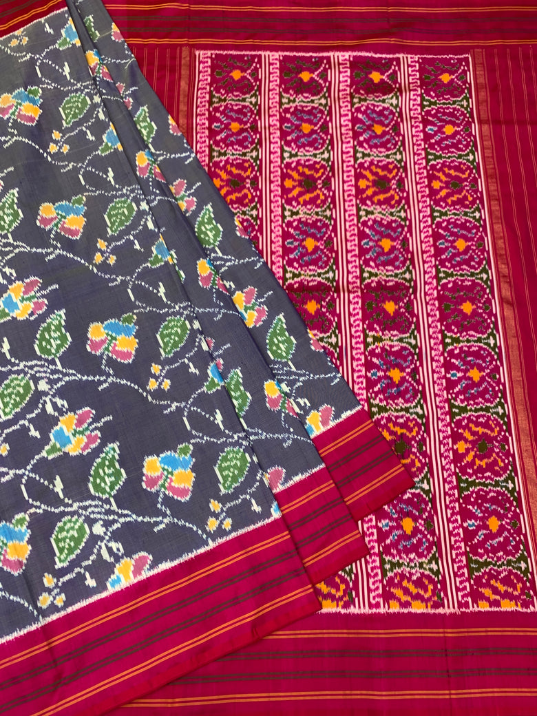 Exquisite Slate Grey & Rani Pink Handloom Ikat Silk Saree