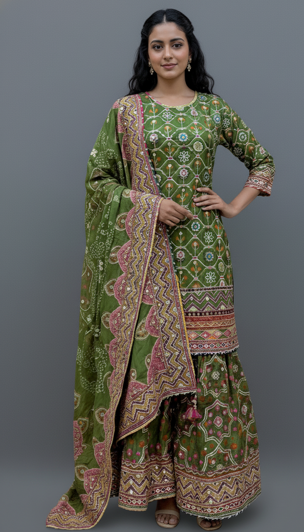 Sharara Dress Mehendi-Green In Colour