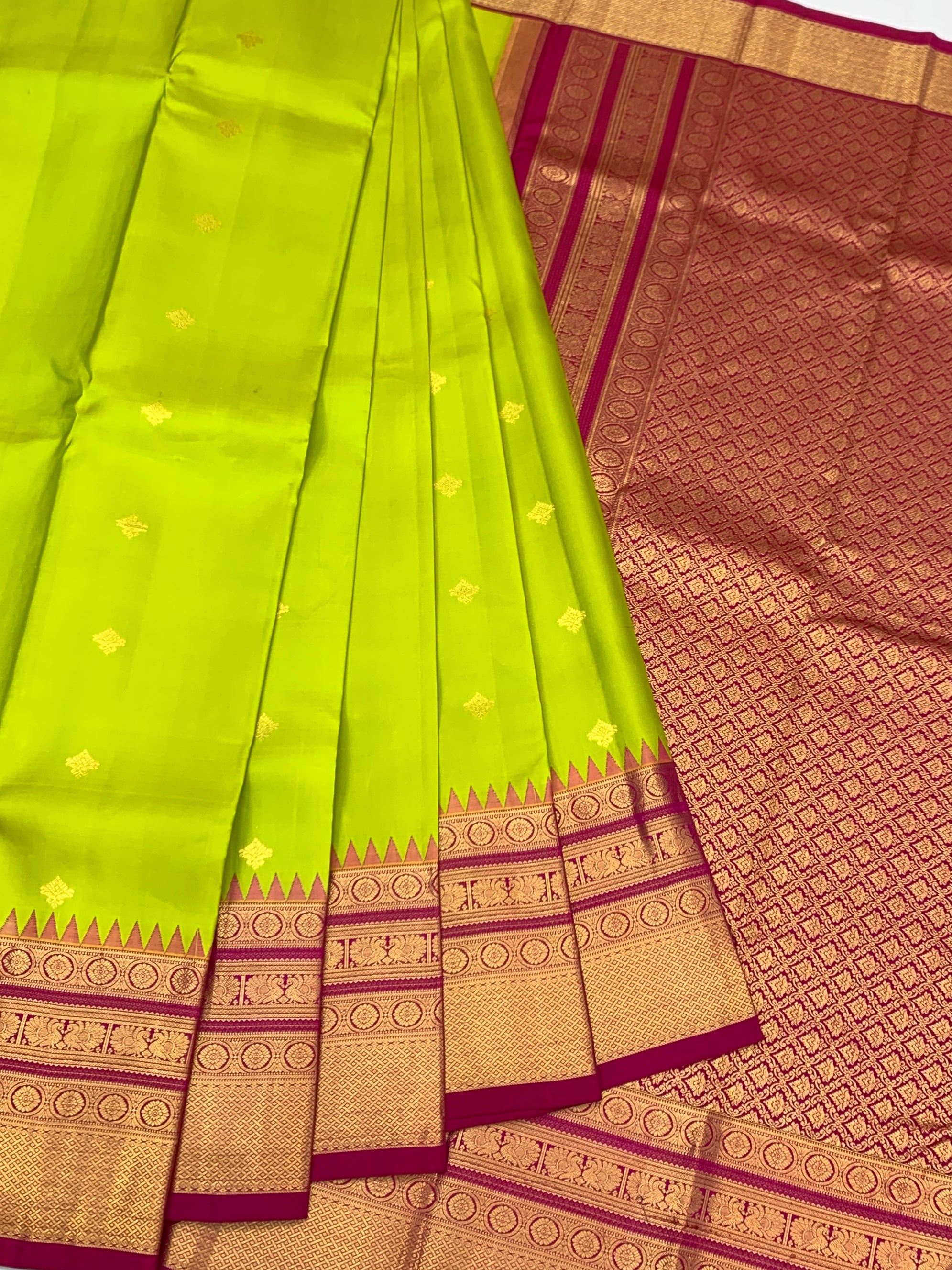 Lime Green and Magenta Kanjeevaram Silk Saree with Temple Border