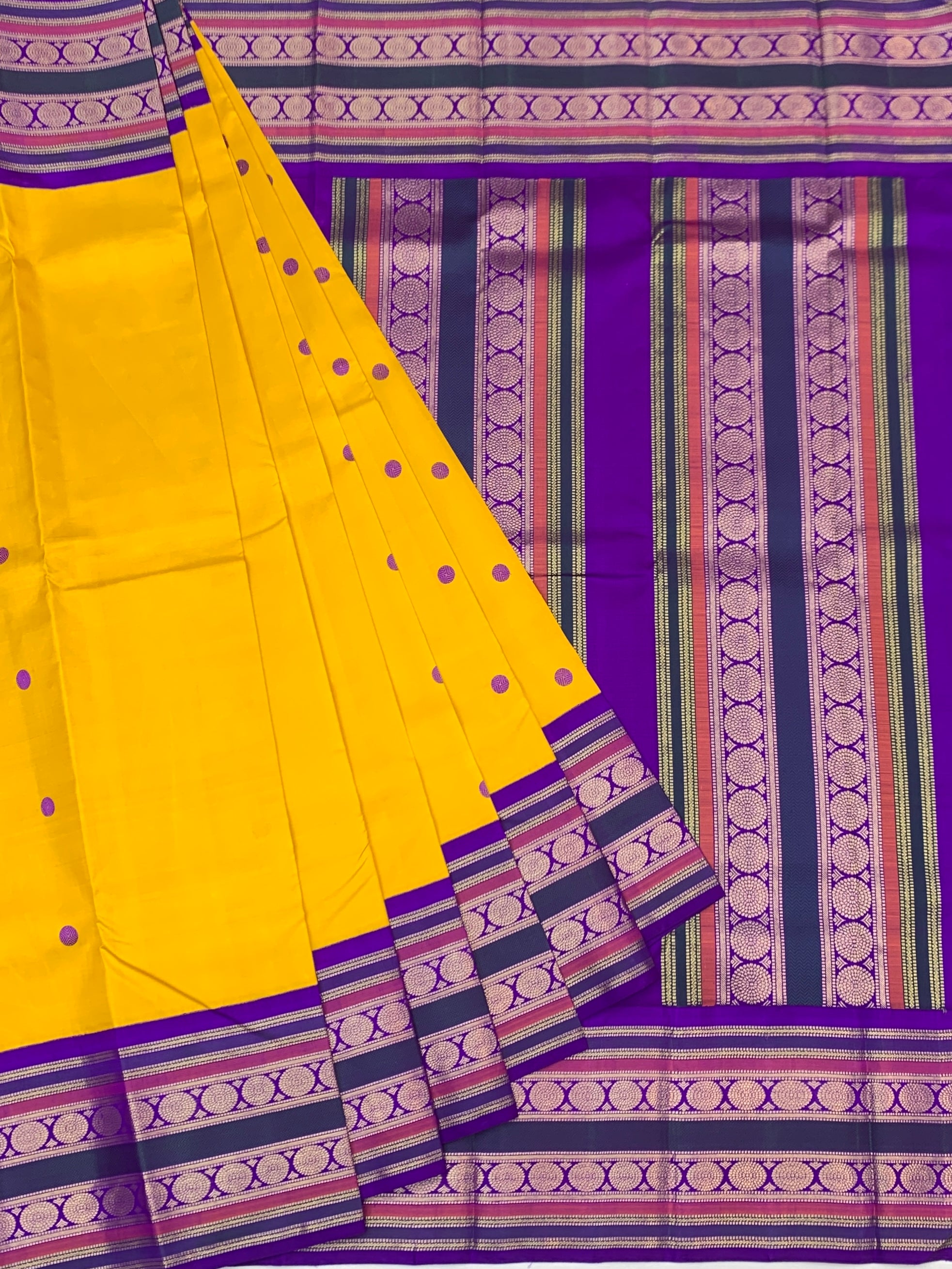 Vibrant Yellow & Royal Purple Handwoven Kanjeevaram Silk Saree