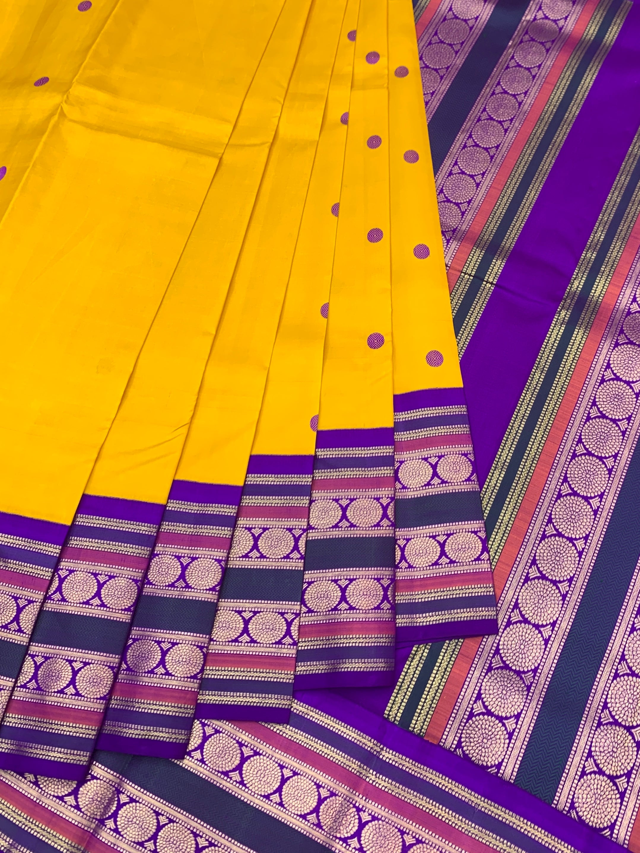 Vibrant Yellow & Royal Purple Handwoven Kanjeevaram Silk Saree