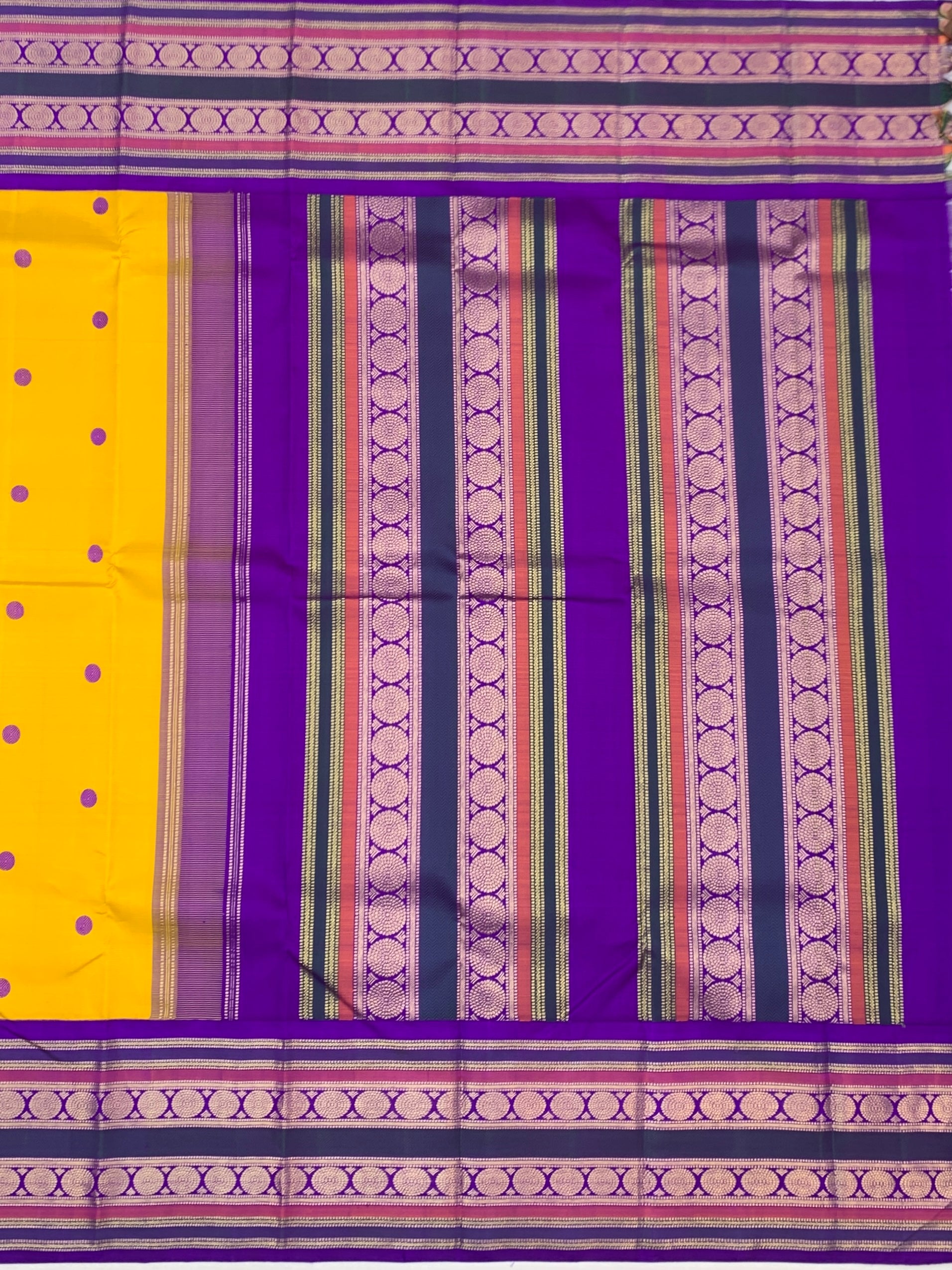 Vibrant Yellow & Royal Purple Handwoven Kanjeevaram Silk Saree