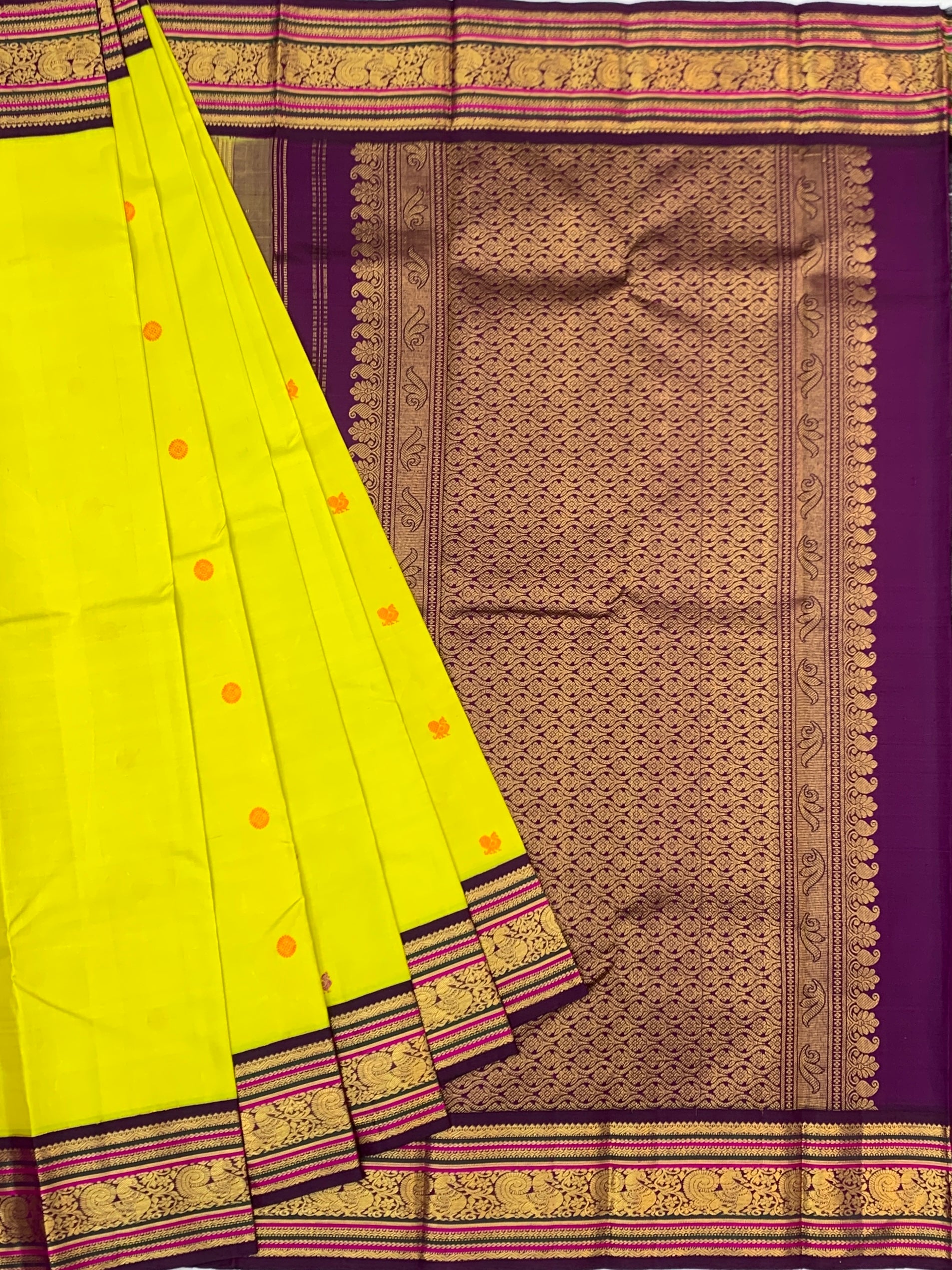 Vibrant Lime & Rich Magenta Pure Kanjeevaram Silk Saree