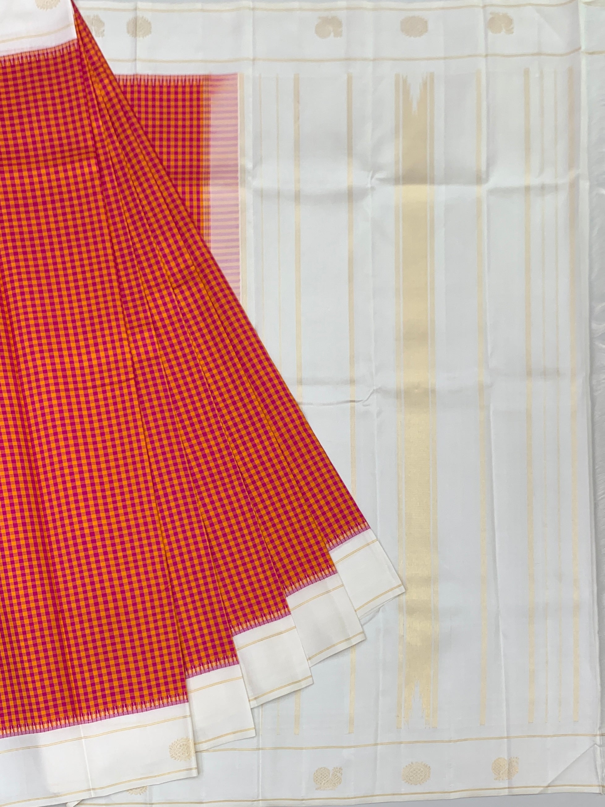 Vibrant Checks Kanjeevaram Silk Saree in Orange & Pink