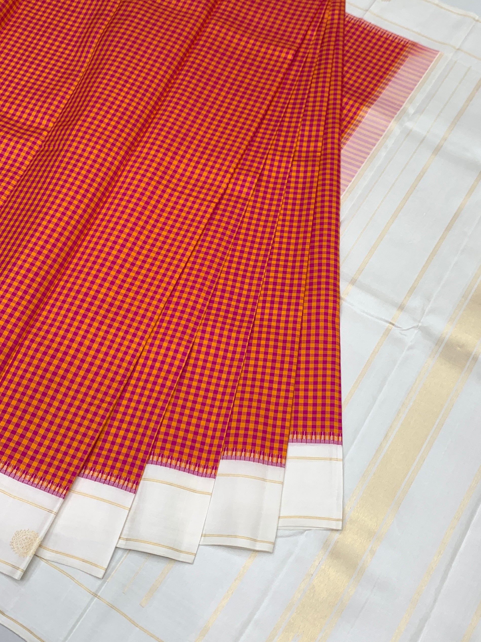 Vibrant Checks Kanjeevaram Silk Saree in Orange & Pink
