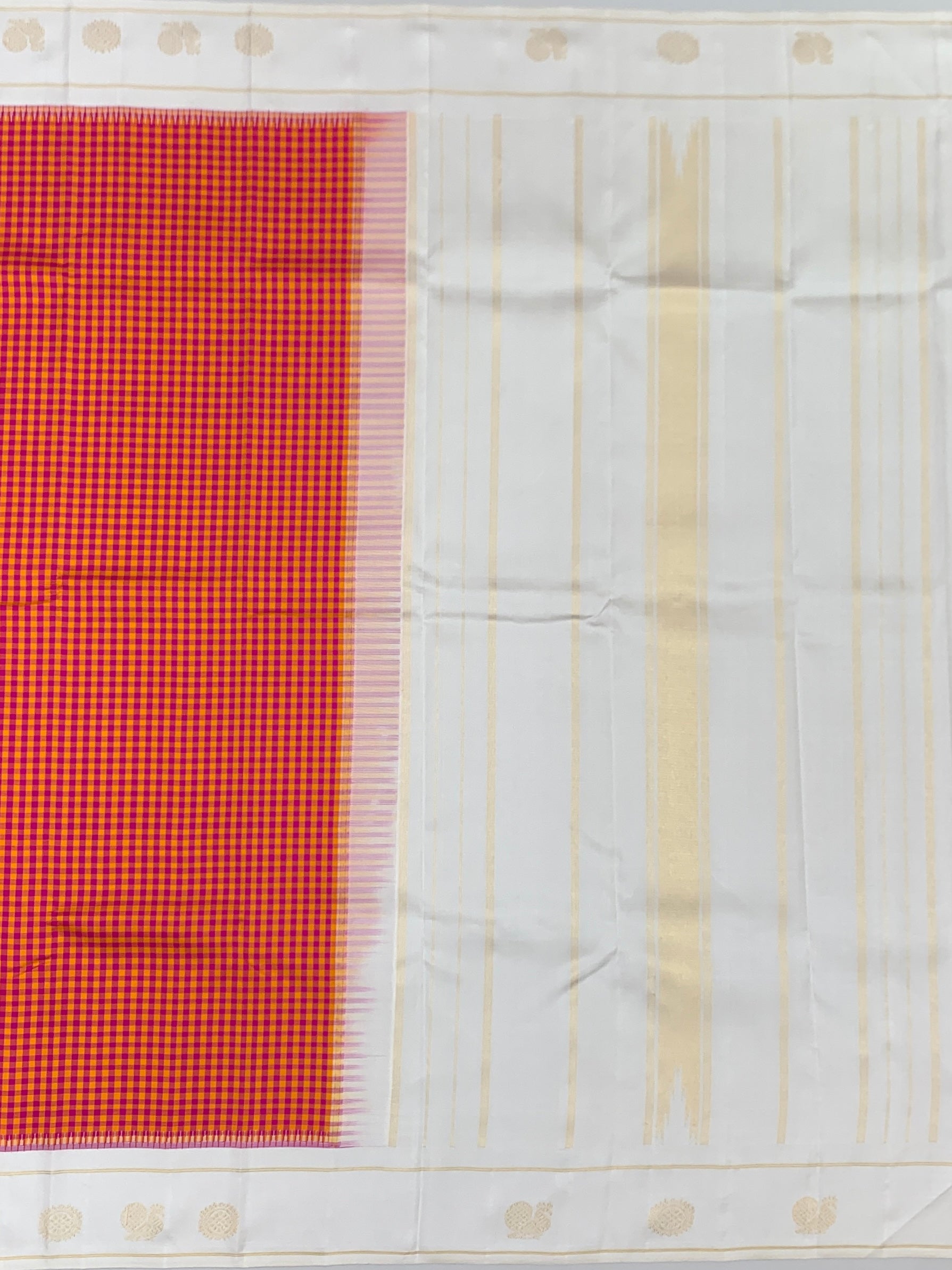 Vibrant Checks Kanjeevaram Silk Saree in Orange & Pink