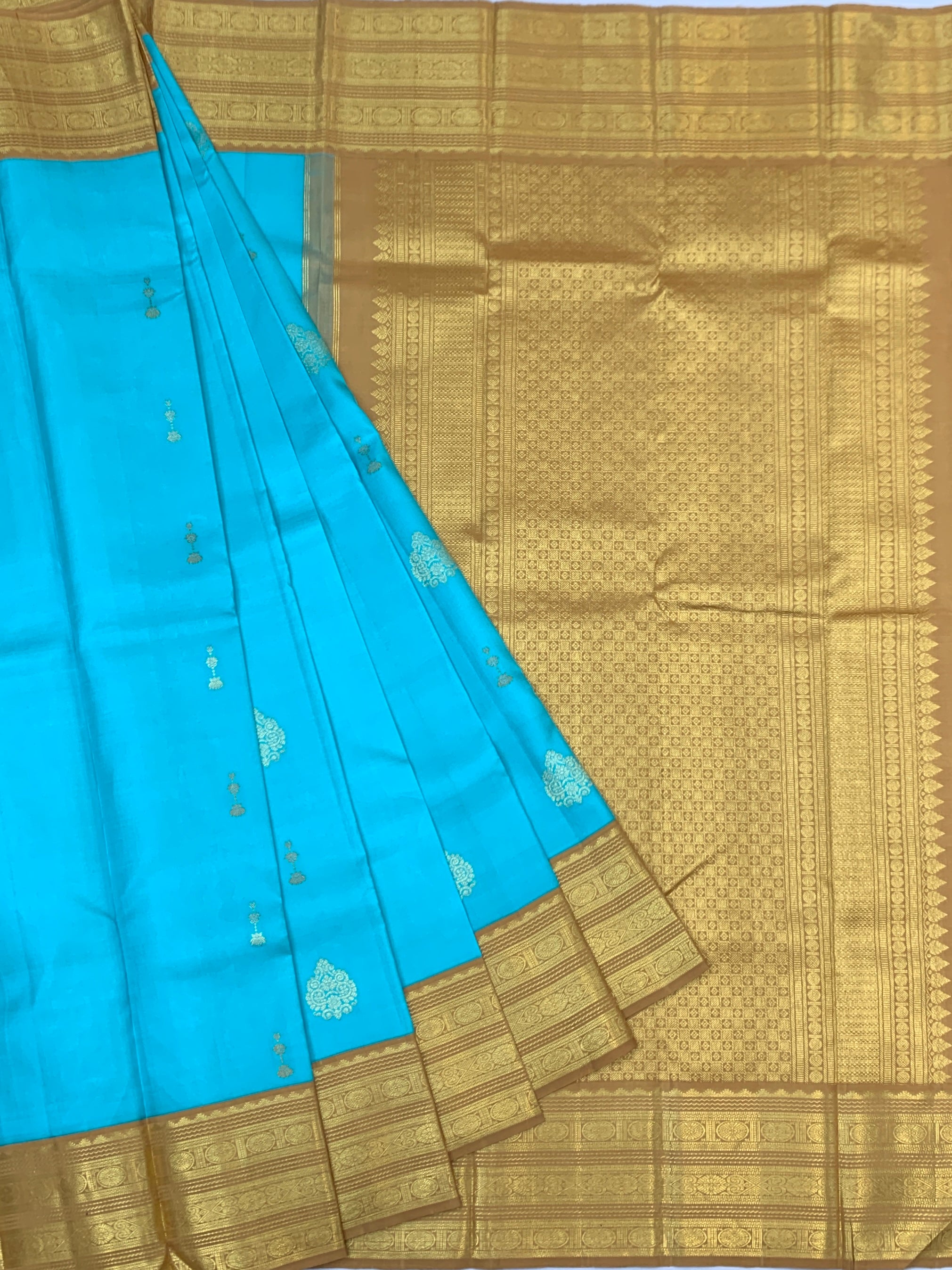Sky Blue & Mustard Gold Pure Kanjeevaram Silk Saree