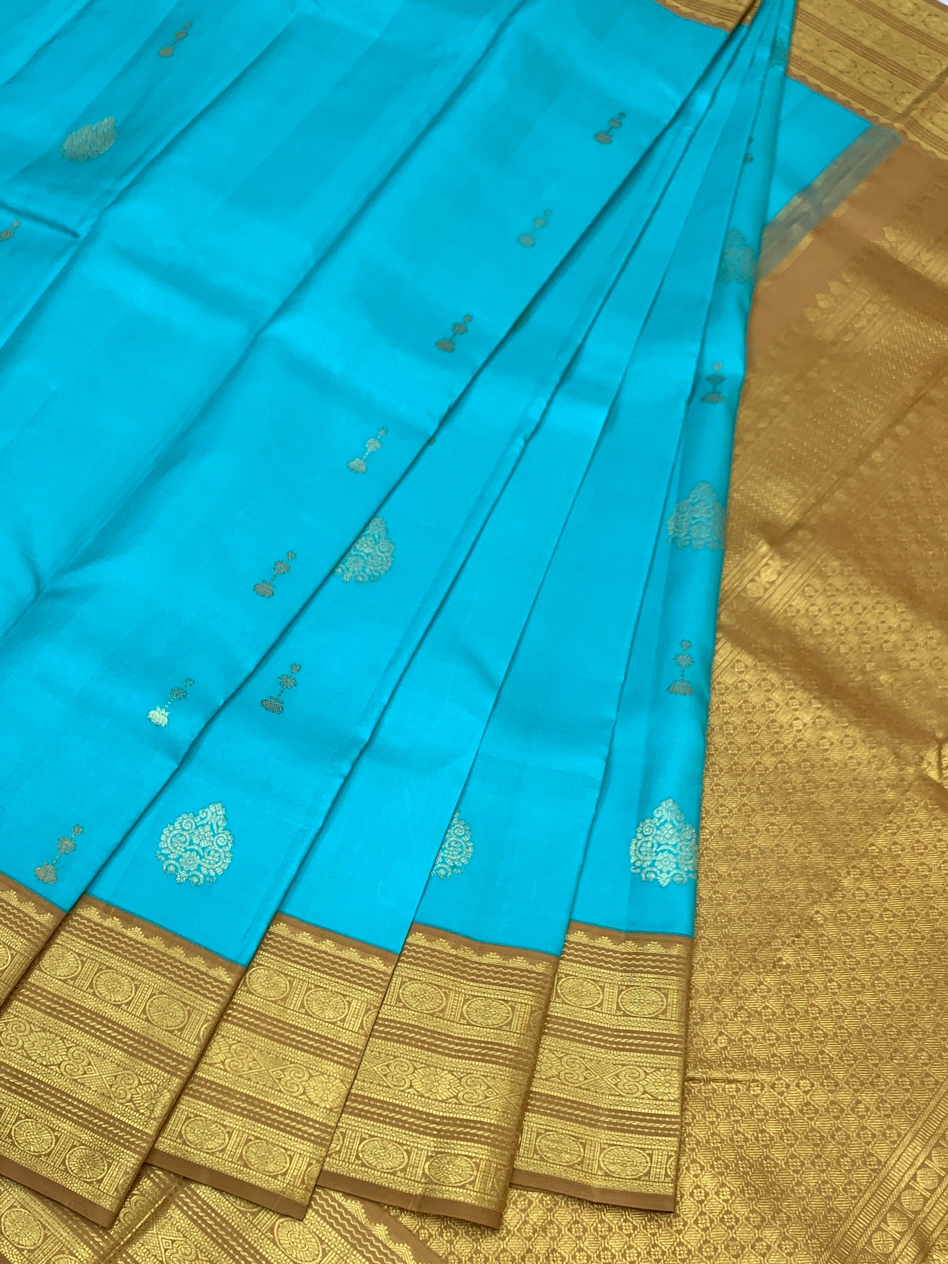 Sky Blue & Mustard Gold Pure Kanjeevaram Silk Saree