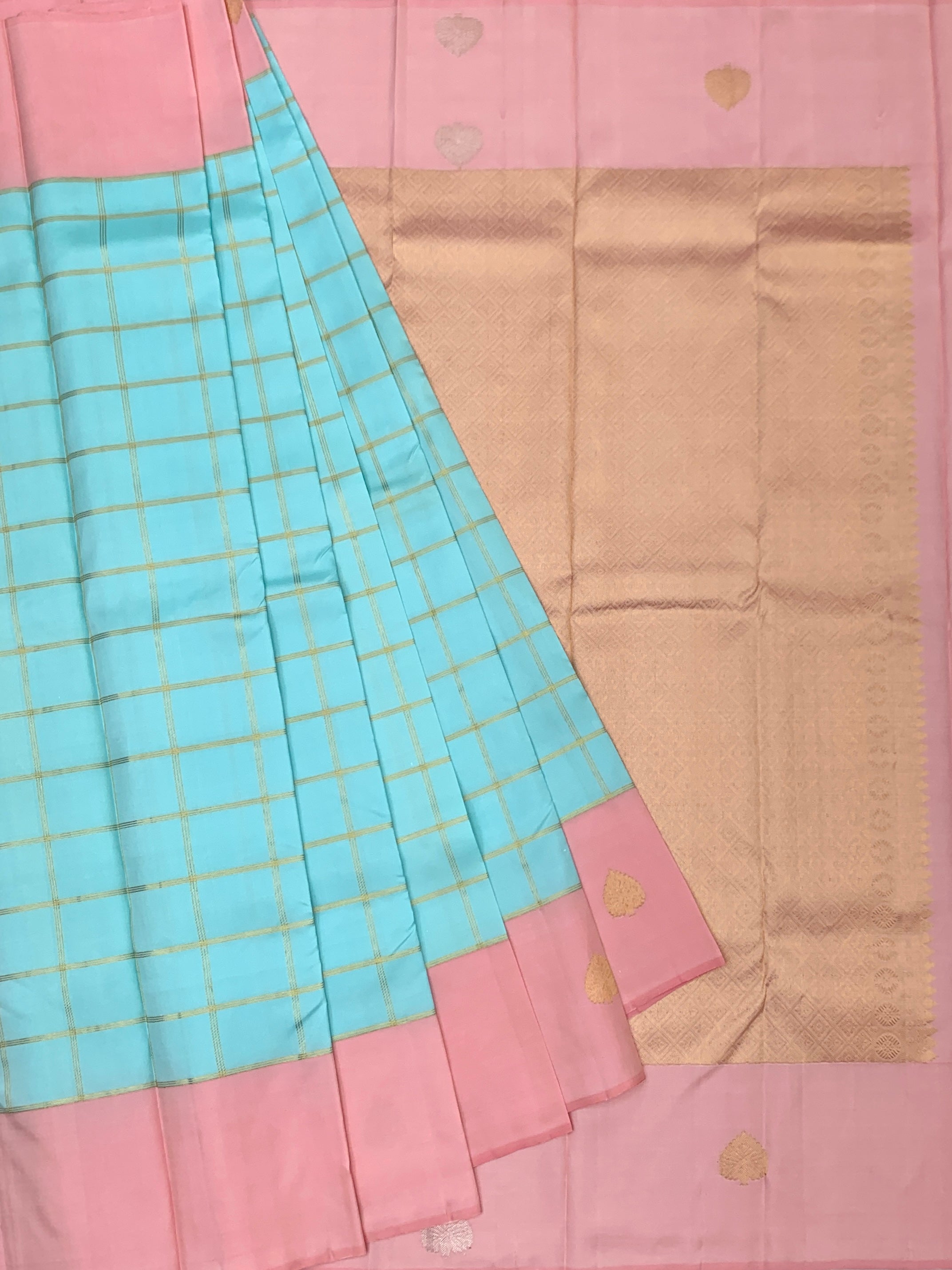 Pastel Elegance: Sky Blue and Coral Pink Kanjeevaram Silk Saree