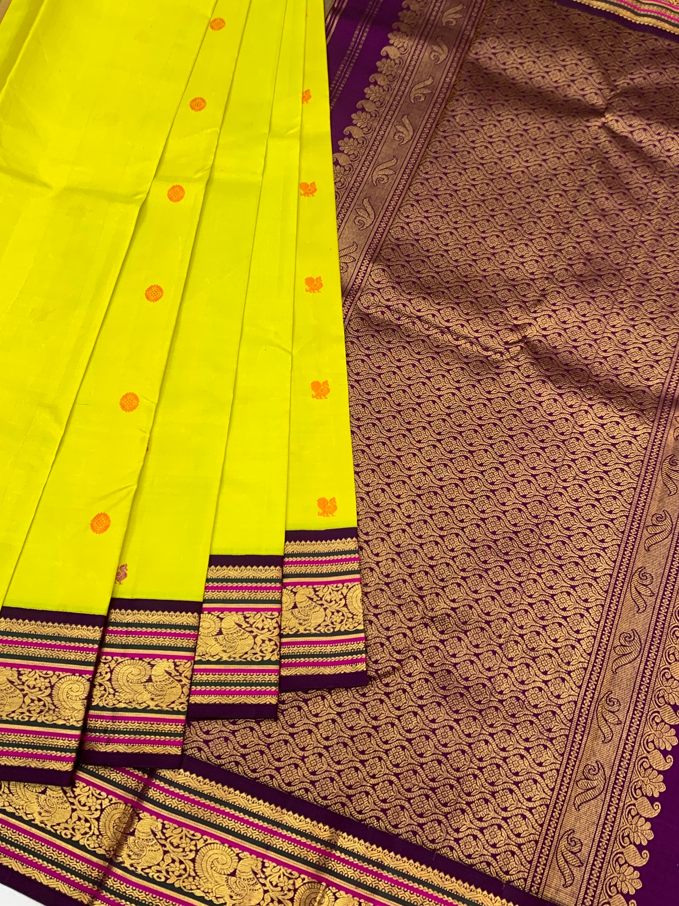 Vibrant Lime & Rich Magenta Pure Kanjeevaram Silk Saree