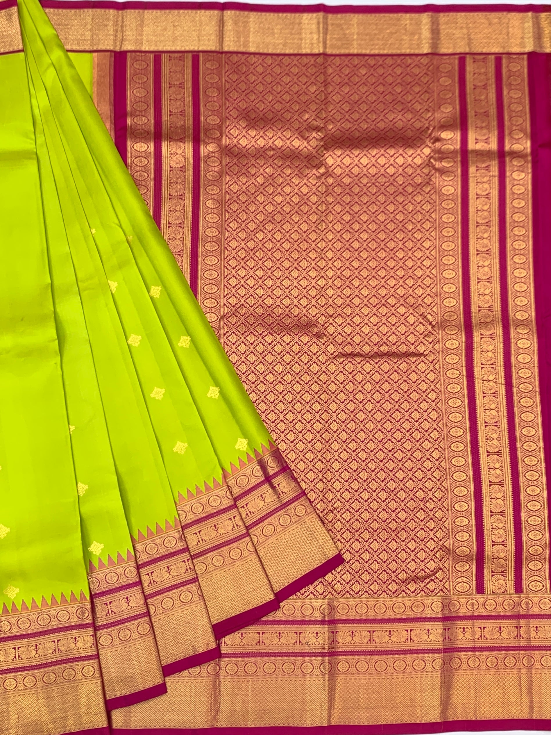 Lime Green and Magenta Kanjeevaram Silk Saree with Temple Border