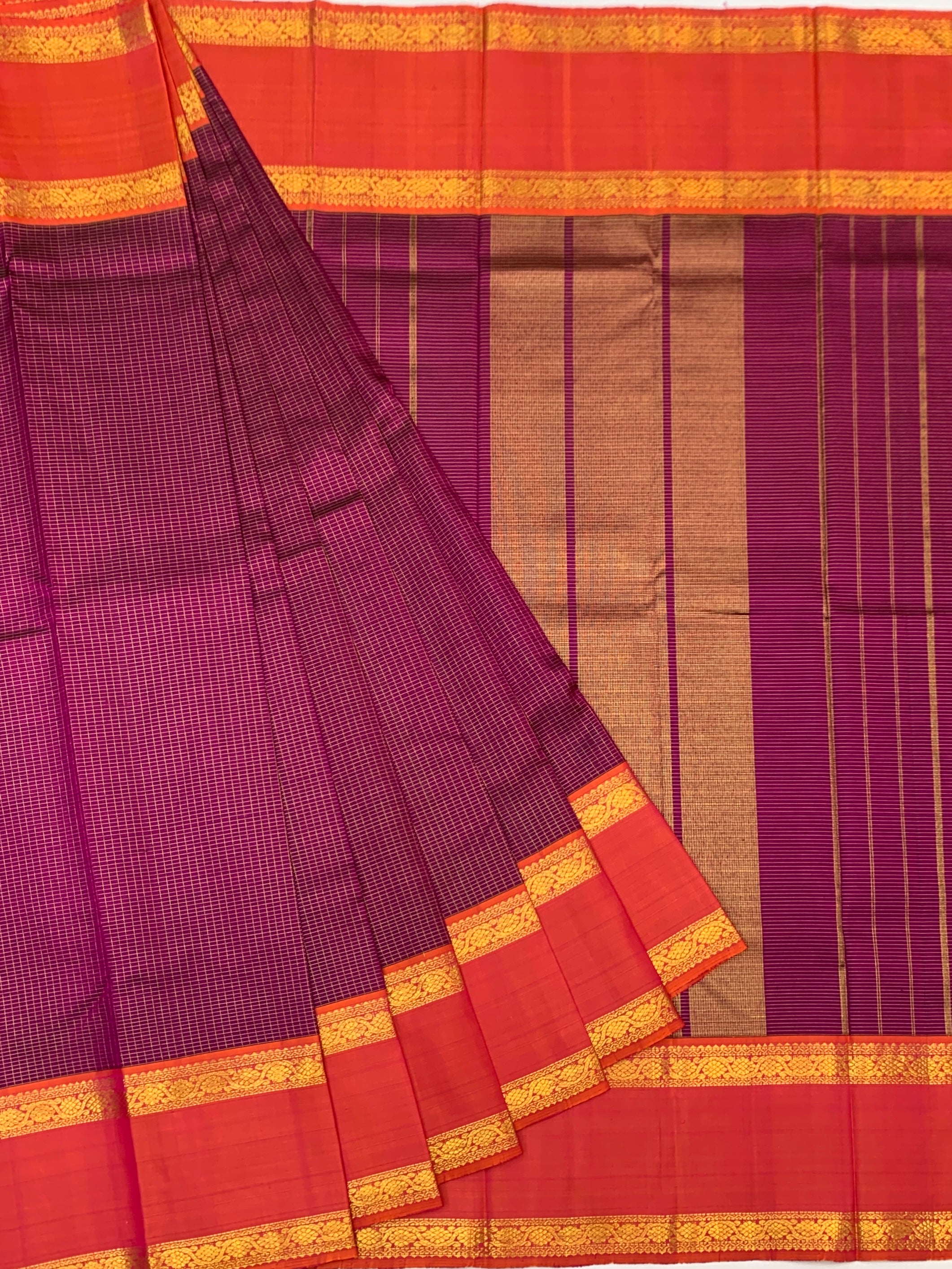 Handwoven Kanjeevaram Silk Saree in Magenta and Coral Orange