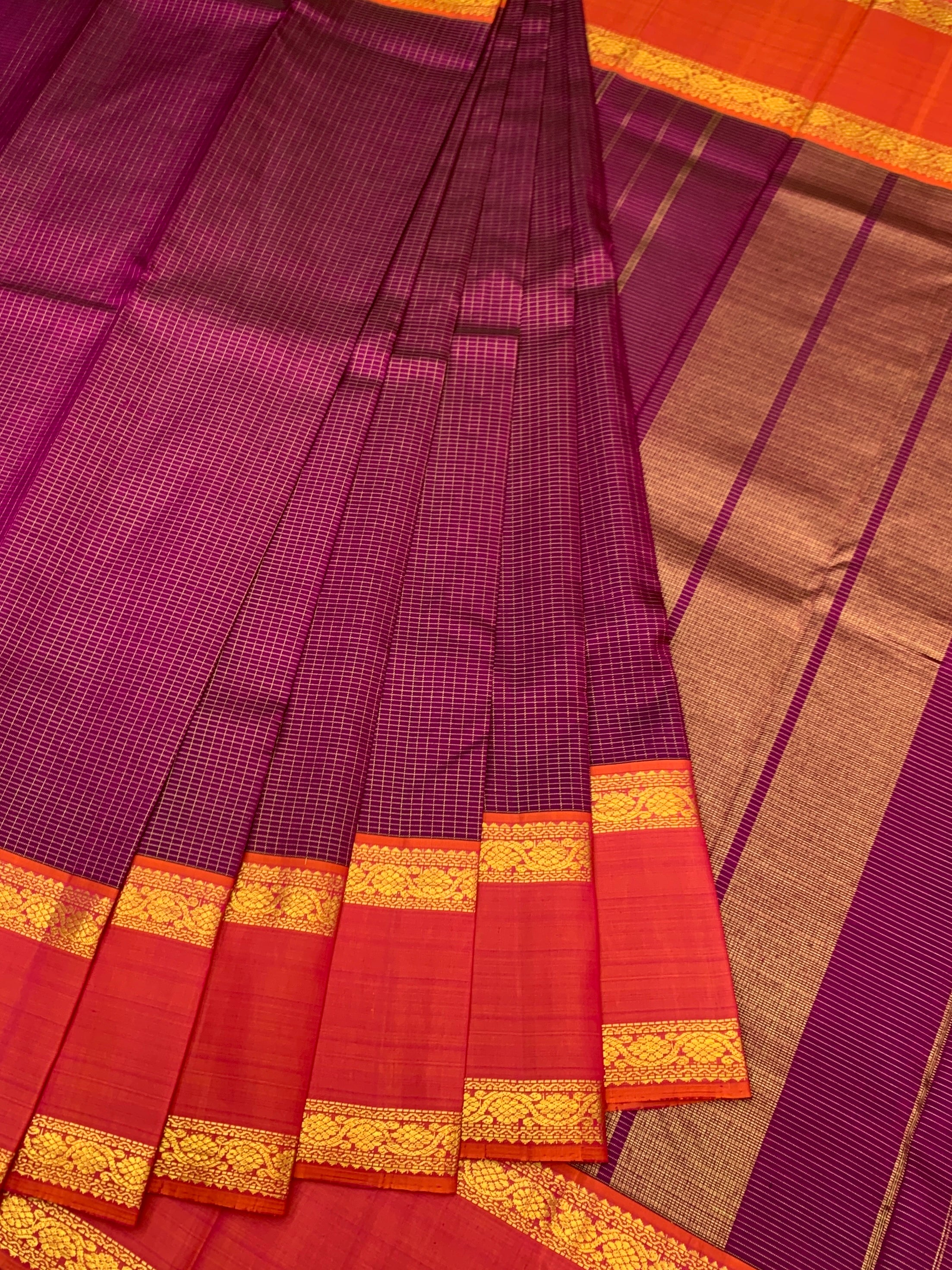 Handwoven Kanjeevaram Silk Saree in Magenta and Coral Orange