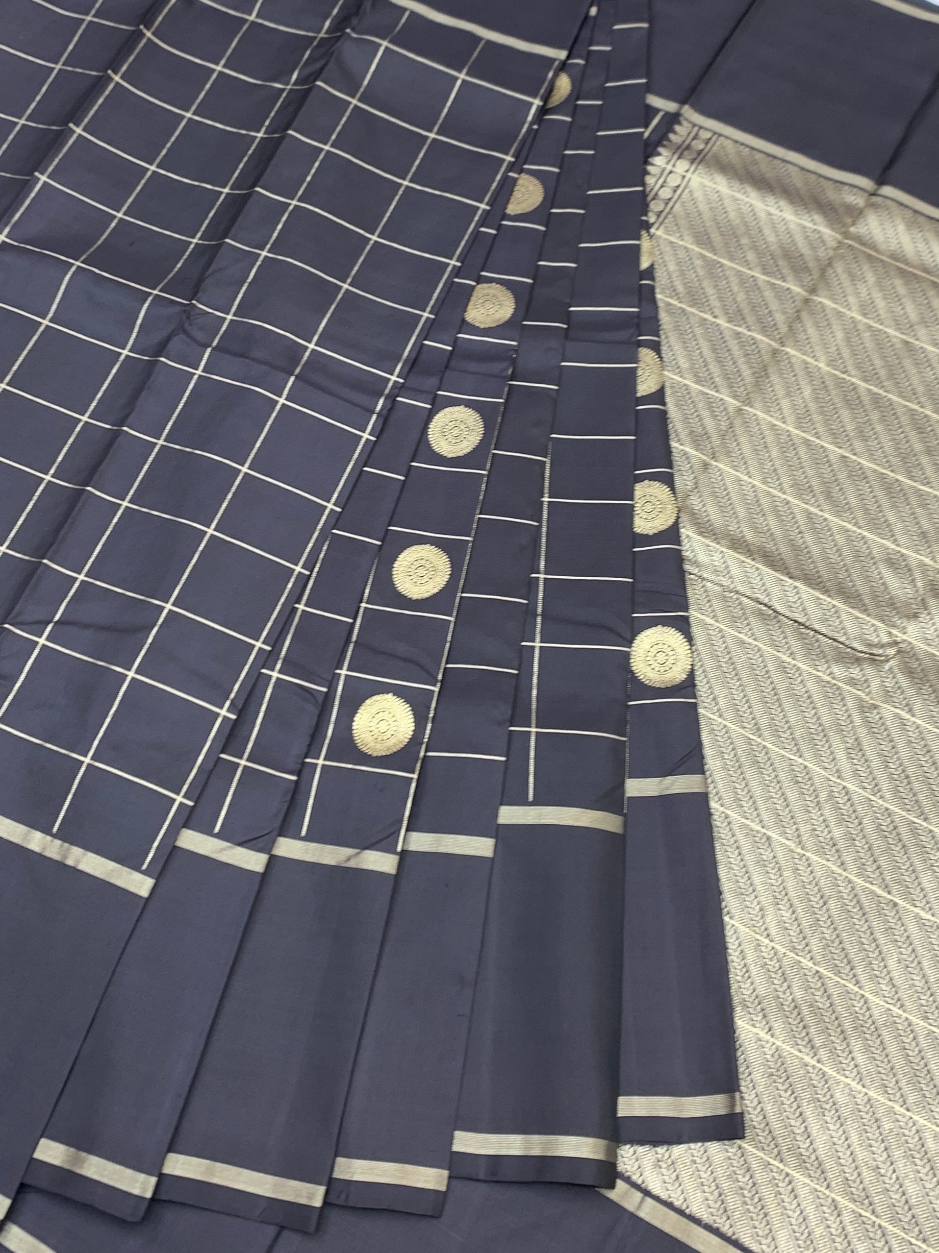 Charcoal Black Kanjeevaram Silk Saree with Geometric Zari Checks